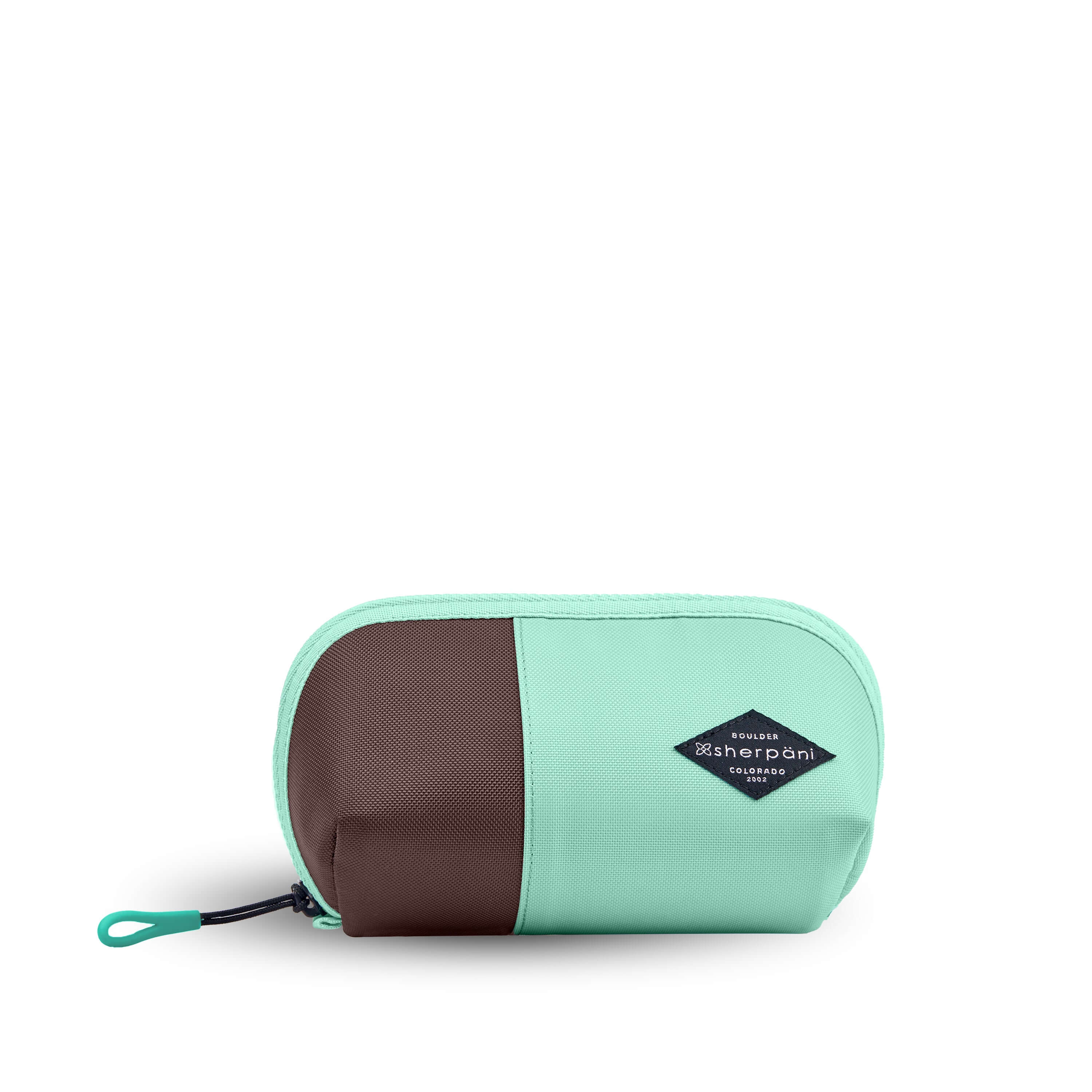 Flat front view of Sherpani travel accessory, the Harmony in Seagreen. The pouch is two-toned in light green and brown. It has an easy-pull zipper that is accented in light green.