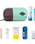  Top view of example items to fill the bag. Sherpani travel accessory, the Harmony in Seagreen, is shown in the upper left corner. It is surrounded by an assortment of items: beauty products, skincare products, sunscreen, mints and AirPods.