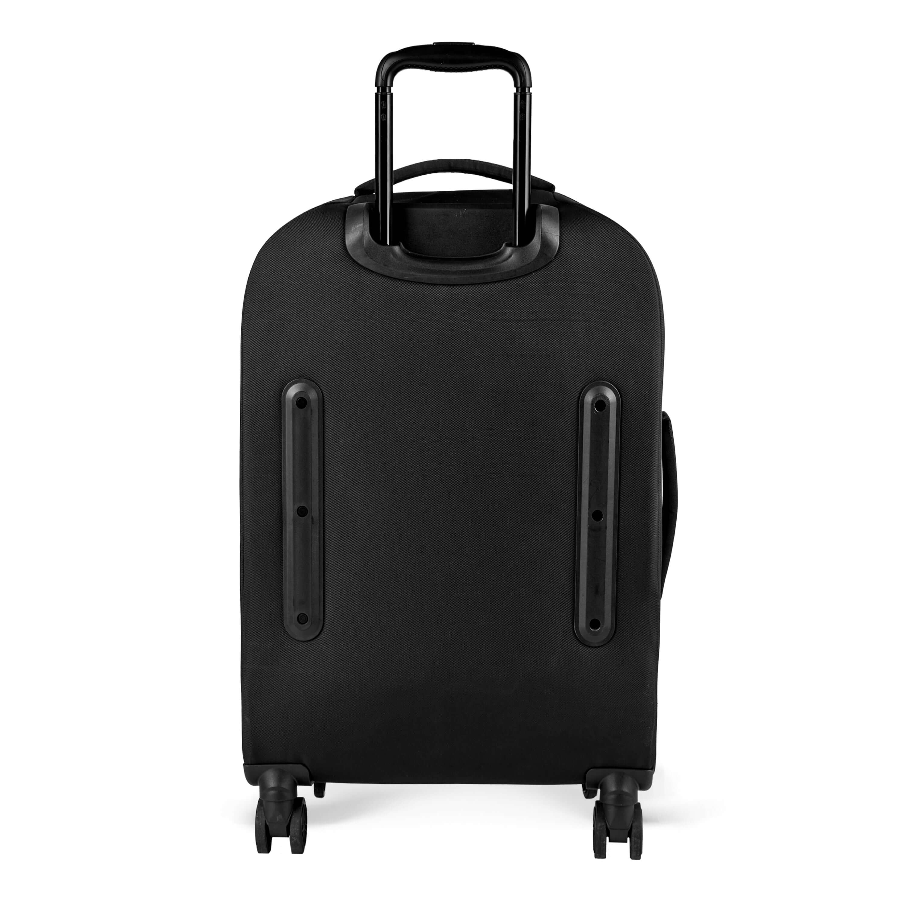 Flat view of the back of Sherpani’s Anti-Theft luggage, the Hemisphere. The back of the suitcase is black and has vegan leather accents in black. On the top of the suitcase sits a retractable luggage handle. On the top and side sit two easy-access handles. At the bottom are four 36-degree spinner wheels for smooth rolling 