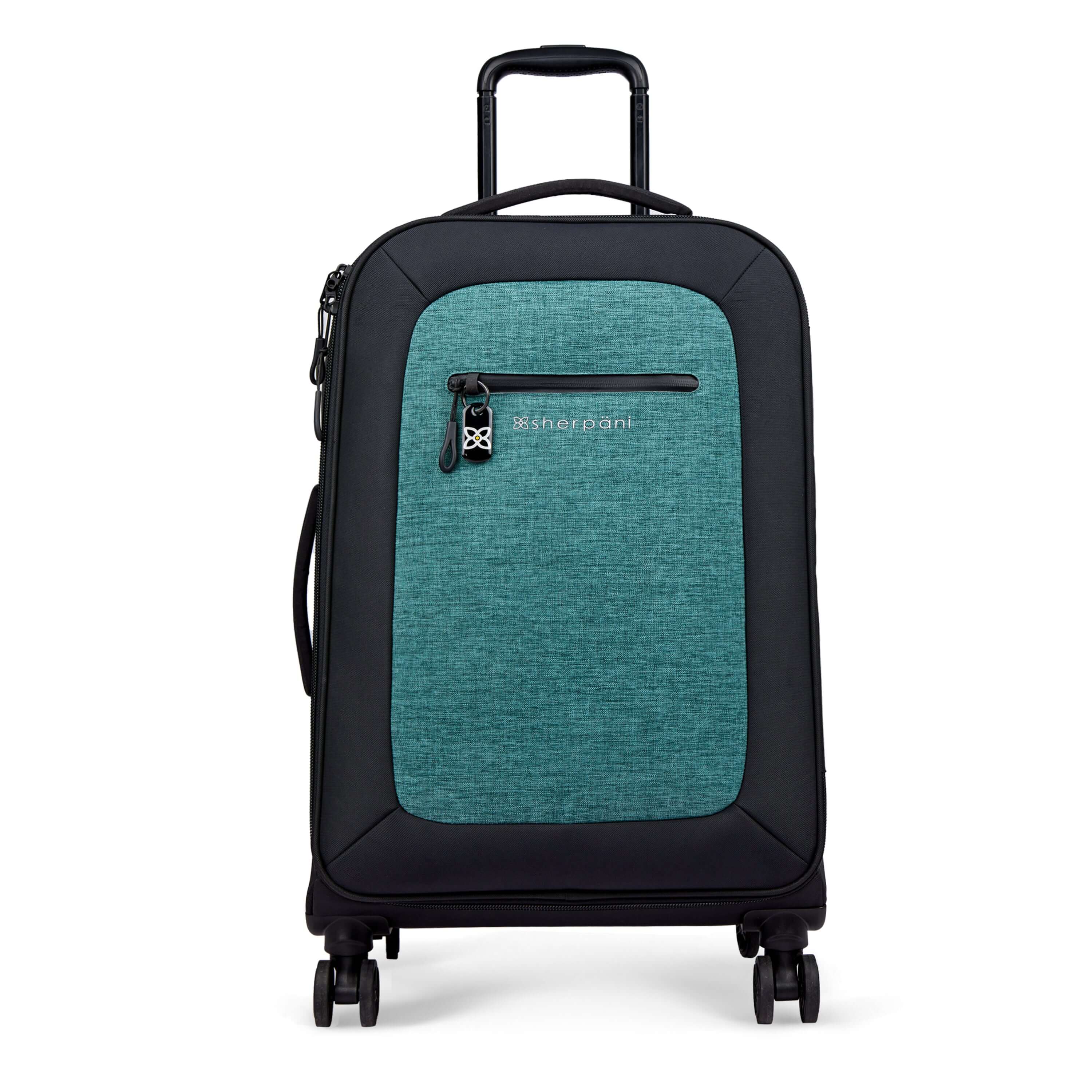 Flat front view of Sherpani’s Anti-Theft luggage the Hemisphere in Teal. The suitcase has a soft shell exterior made from recycled plastic bottles and features vegan leather accents in black. There is a main zipper compartment and an external pocket on the front with a locking zipper and a ReturnMe tag. On the top of the suitcase sits a retractable luggage handle. On the top and side sit two easy-access handles. At the bottom are four 36-degree spinner wheels for smooth rolling. 