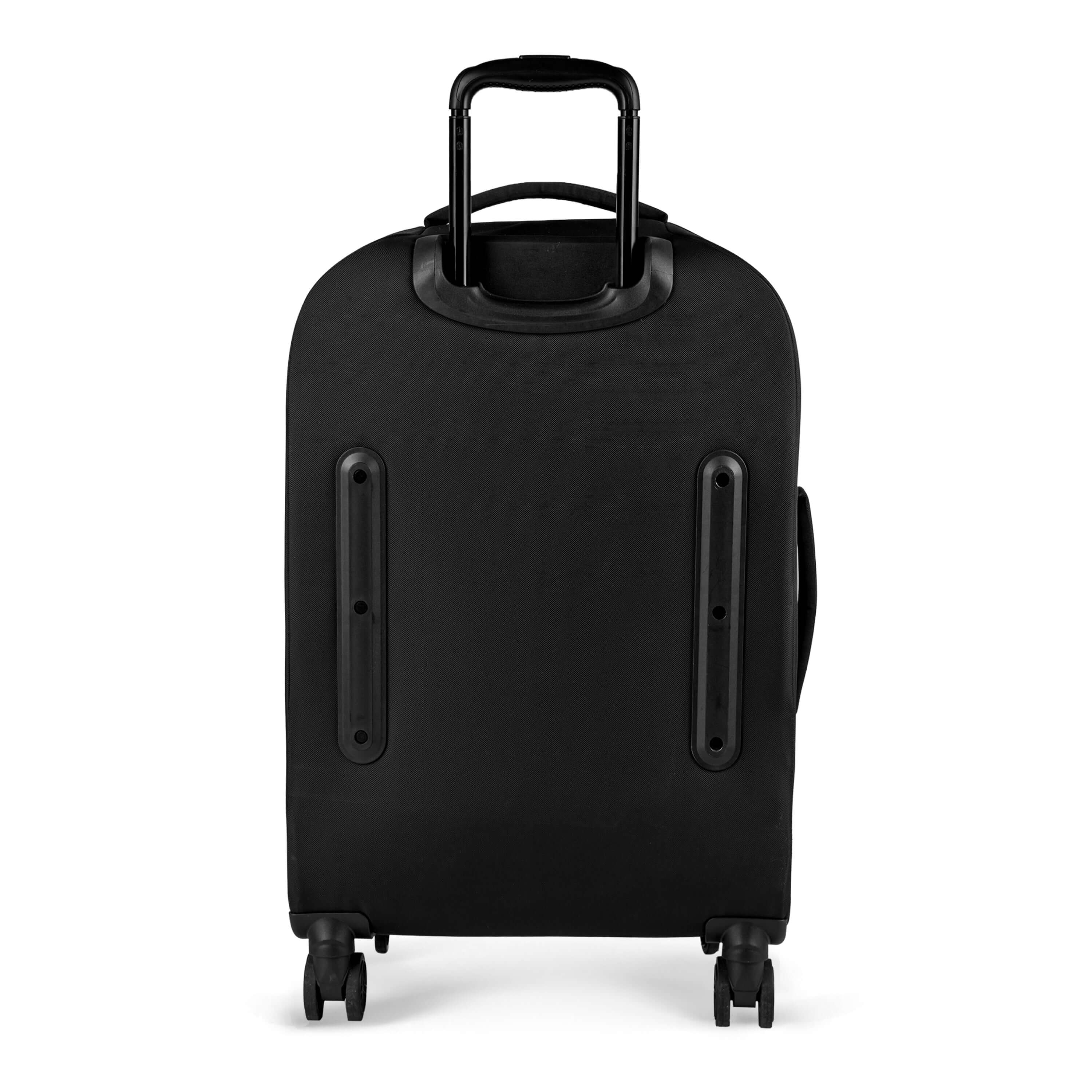 Flat view of the back of Sherpani’s Anti-Theft luggage, the Hemisphere. The back of the suitcase is black and has vegan leather accents in black. On the top of the suitcase sits a retractable luggage handle. On the top and side sit two easy-access handles. At the bottom are four 36-degree spinner wheels for smooth rolling. 