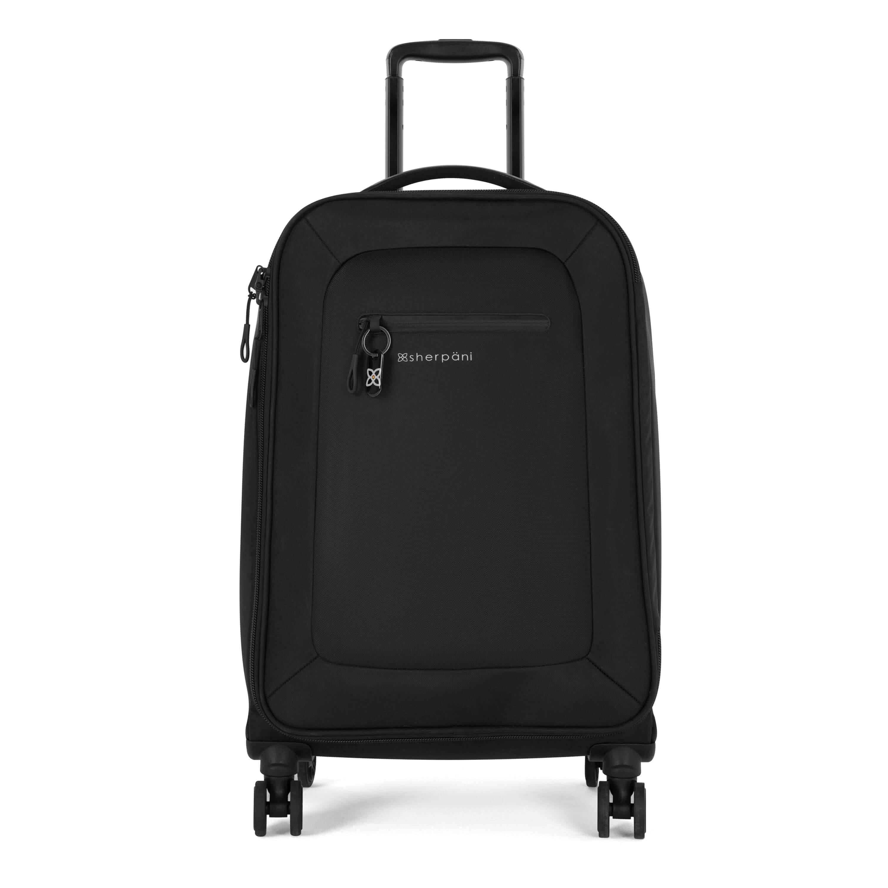 Flat front view of Sherpani’s Anti-Theft luggage the Hemisphere in Carbon. The suitcase has a soft shell exterior made from recycled plastic bottles and features vegan leather accents in black. There is a main zipper compartment and an external pocket on the front with a locking zipper and a ReturnMe tag. On the top of the suitcase sits a retractable luggage handle. On the top and side sit two easy-access handles. At the bottom are four 36-degree spinner wheels for smooth rolling. 