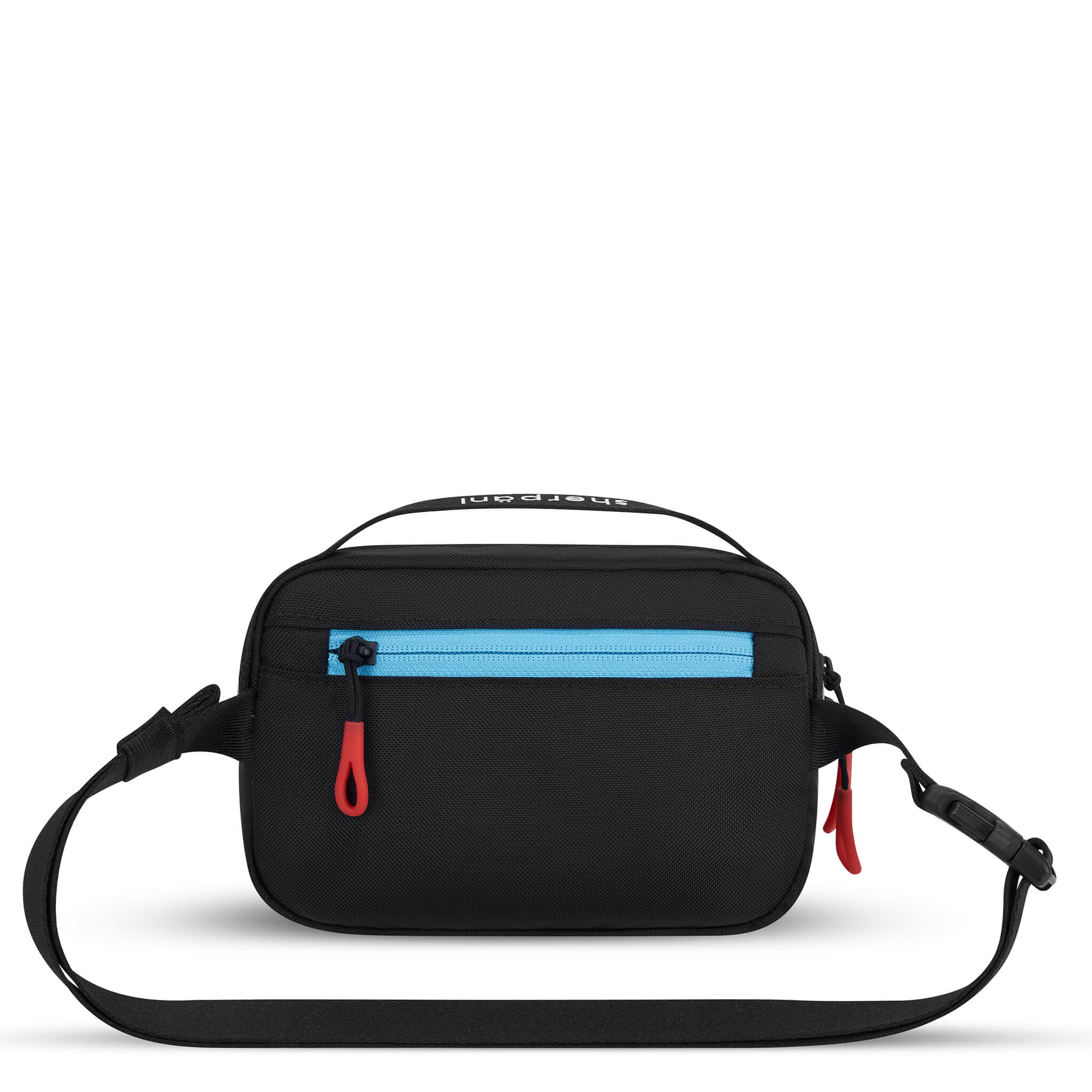 Back view of Sherpani's fanny pack, the Hyk in Chromatic. The back of the bag is black with a blue accent. Easy-pull zippers are accented in red. The fanny pack features an adjustable strap with a buckle.