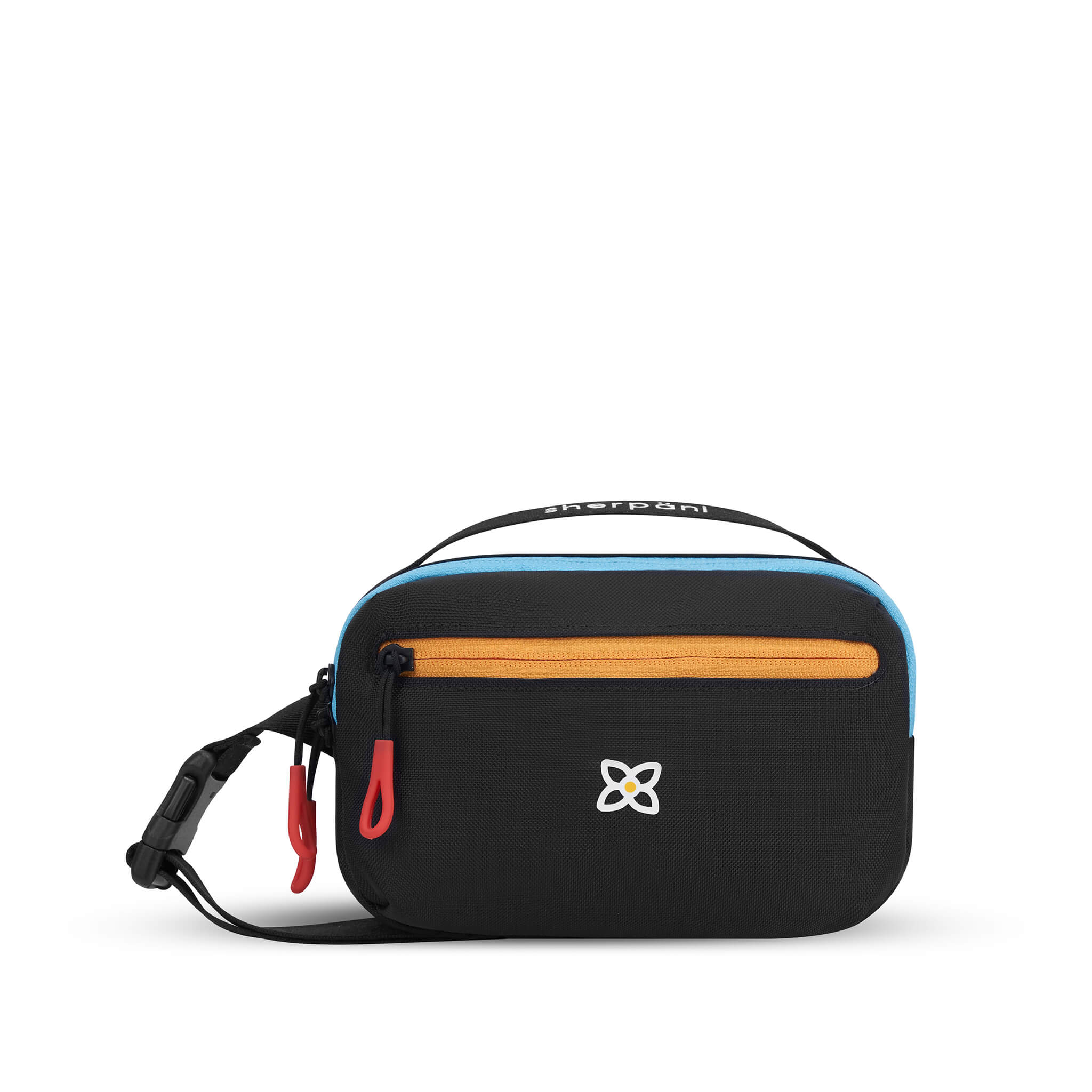 Flat front view of Sherpani’s fanny pack, the Hyk in Chromatic. The bag is black with yellow and blue accents. There is an external zipper pocket on the front of the bag. Easy-pull zippers are accented in red. The fanny pack features an adjustable strap with a buckle. 
