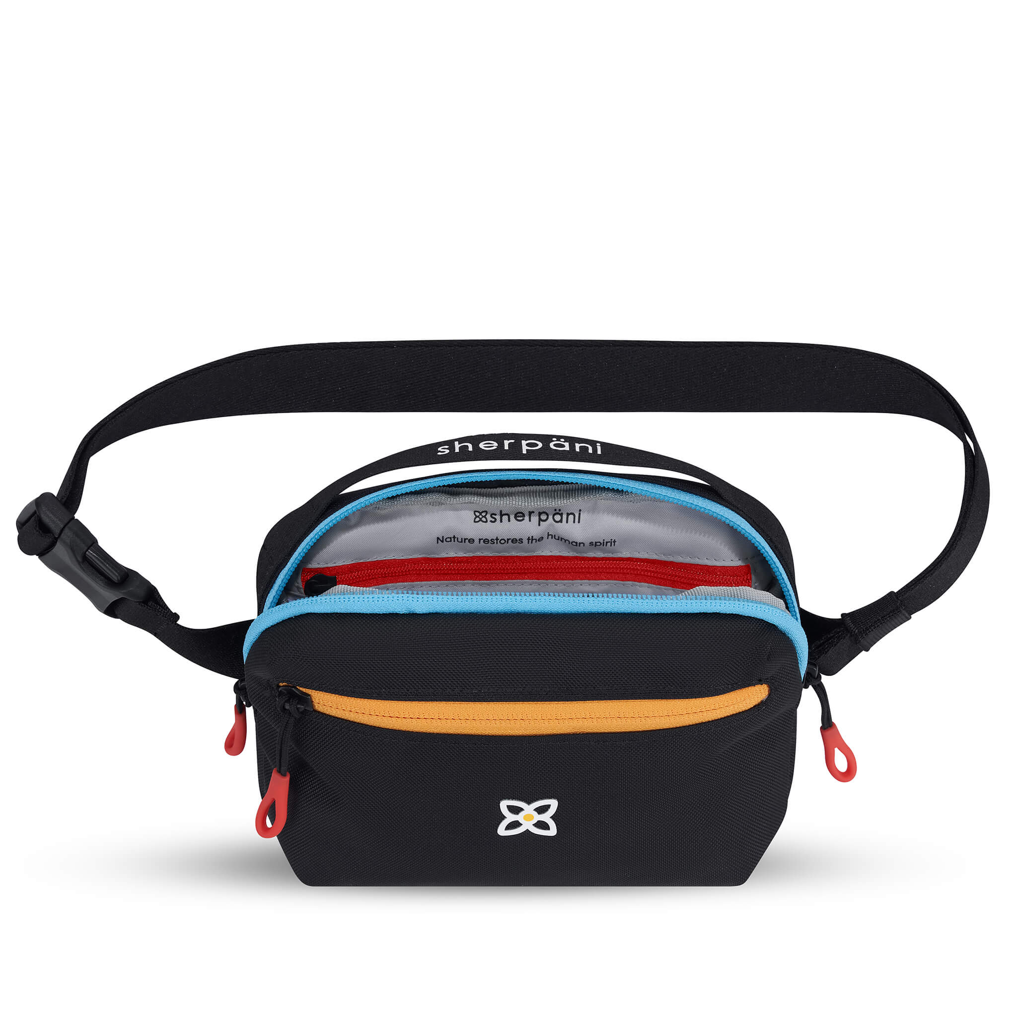 Top view of Sherpani's fanny pack, the Hyk in Chromatic. The main zipper compartment is open to reveal a light gray interior and an internal zipper pocket. 