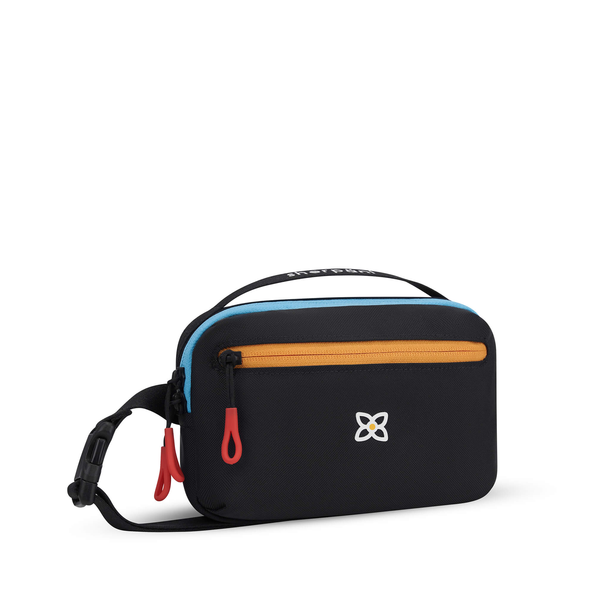 Angled front view of Sherpani’s fanny pack, the Hyk in Chromatic. The bag is black with yellow and blue accents. There is an external zipper pocket on the front of the bag. Easy-pull zippers are accented in red. The fanny pack features an adjustable strap with a buckle. #color_chromatic