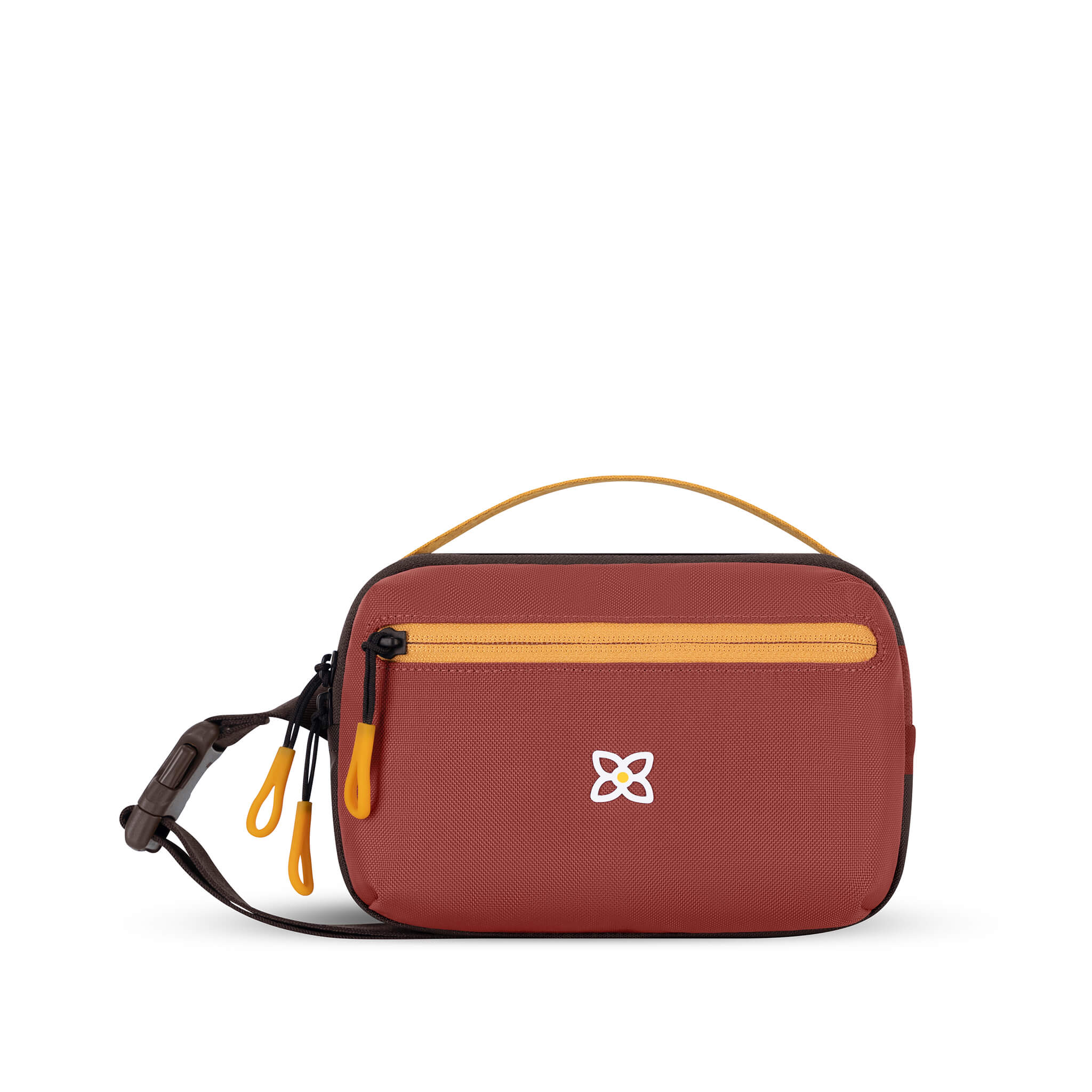 Flat front view of Sherpani hip pack, the Hyk in Cider. Hyk features include an adjustable waist strap, two external zipper pockets, an internal zipper pocket and RFID-blocking technology to block cyber theft. The Cider color is burgundy with yellow accents. 