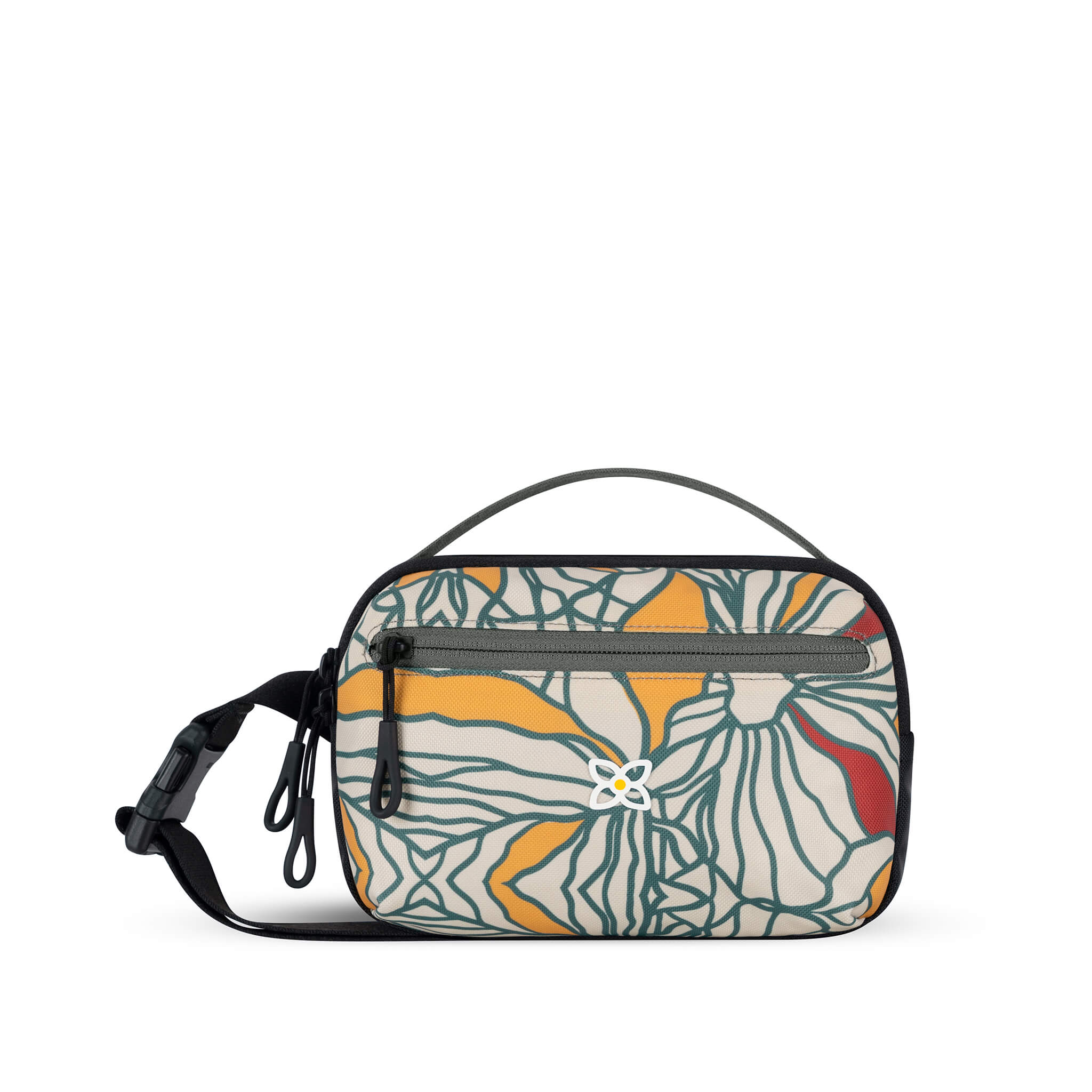 Flat front view of Sherpani hip pack, the Hyk in Fiori. Hyk features include an adjustable waist strap, two external zipper pockets, an internal zipper pocket and RFID-blocking technology to block cyber theft. The Fiori colorway is a floral pattern with red accents.