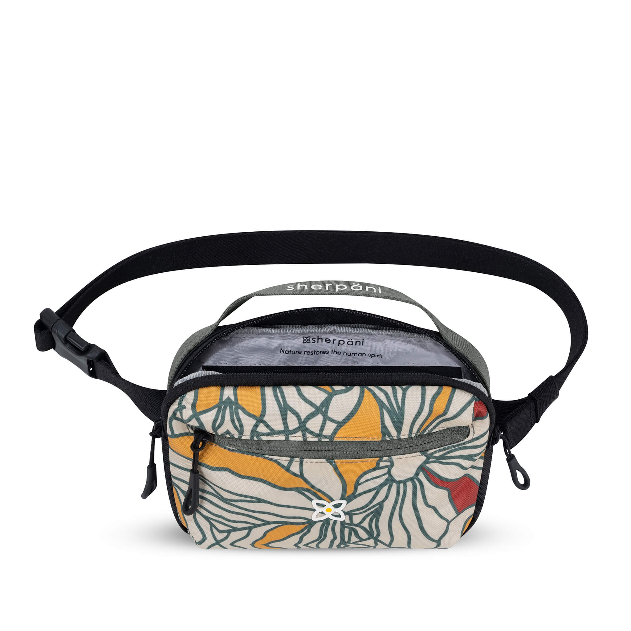 Top view of Sherpani&#39;s waist pack, the Hyk in Fiori. The main bag compartment is open to reveal a light gray interior and inside zipper pocket.
