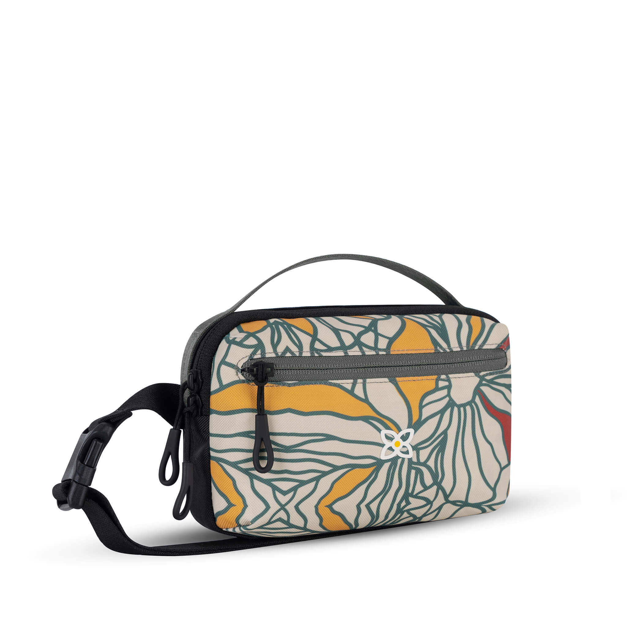 Angled front view of Sherpani hip pack, the Hyk in Fiori. Hyk features include an adjustable waist strap, two external zipper pockets, an internal zipper pocket and RFID-blocking technology to block cyber theft. The Fiori colorway is a floral pattern with red accents.
