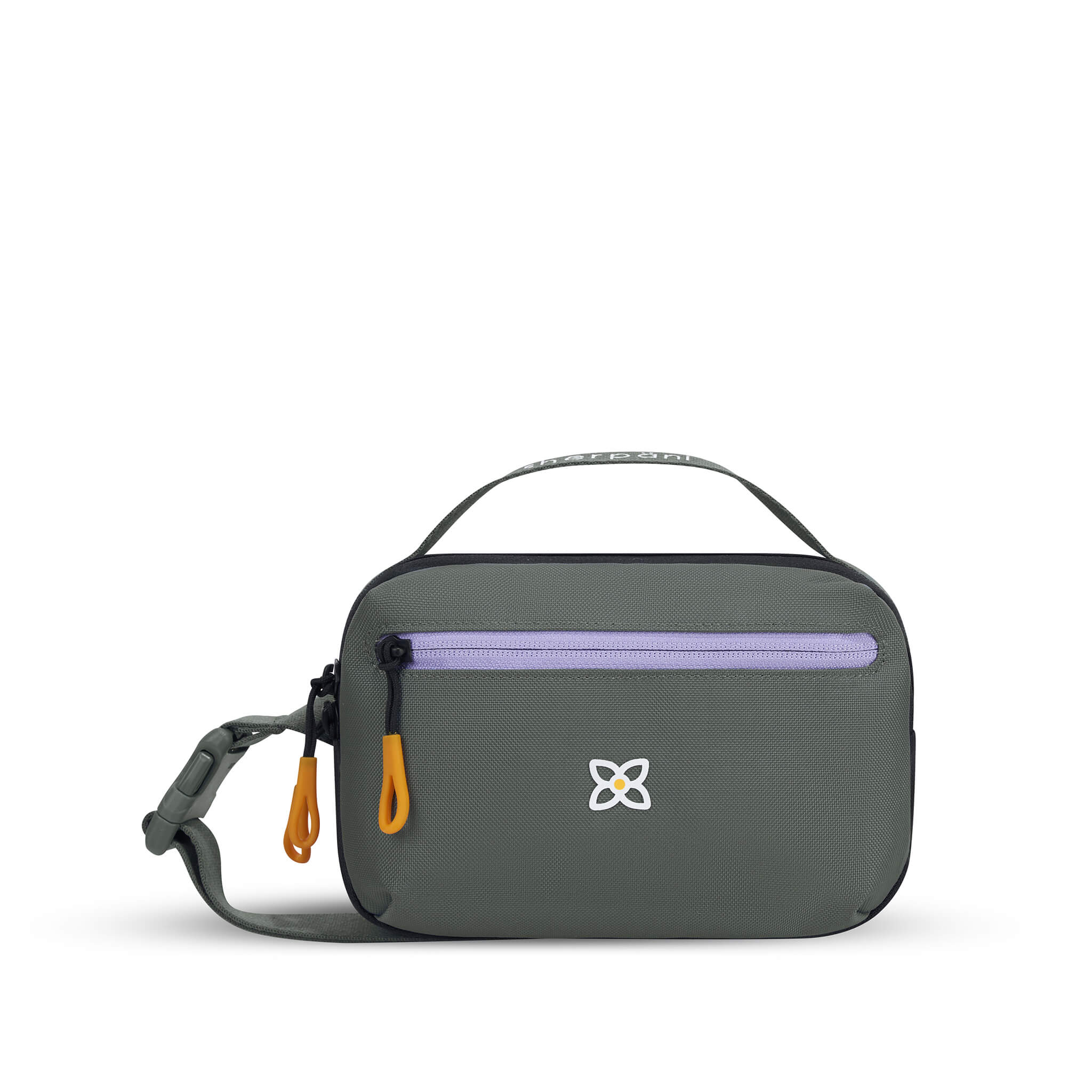 Flat front view of Sherpani hip pack, the Hyk in Juniper. Hyk features include an adjustable waist strap, two external zipper pockets, an internal zipper pocket and RFID-blocking technology to block cyber theft. The Juniper color is gray with yellow and purple accents. 
