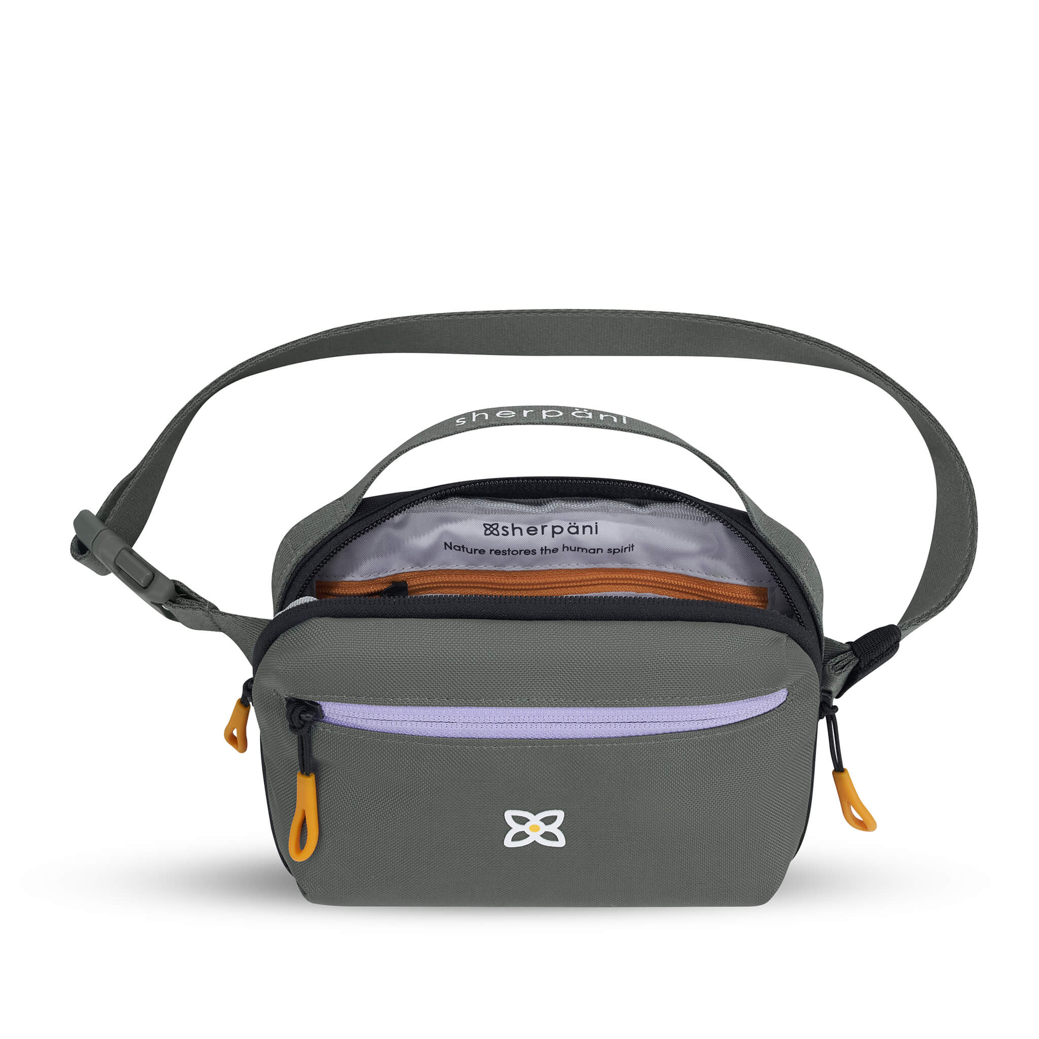 Top view of Sherpani's waist pack, the Hyk in Juniper. The main bag compartment is open to reveal a light gray interior and inside zipper pocket. 