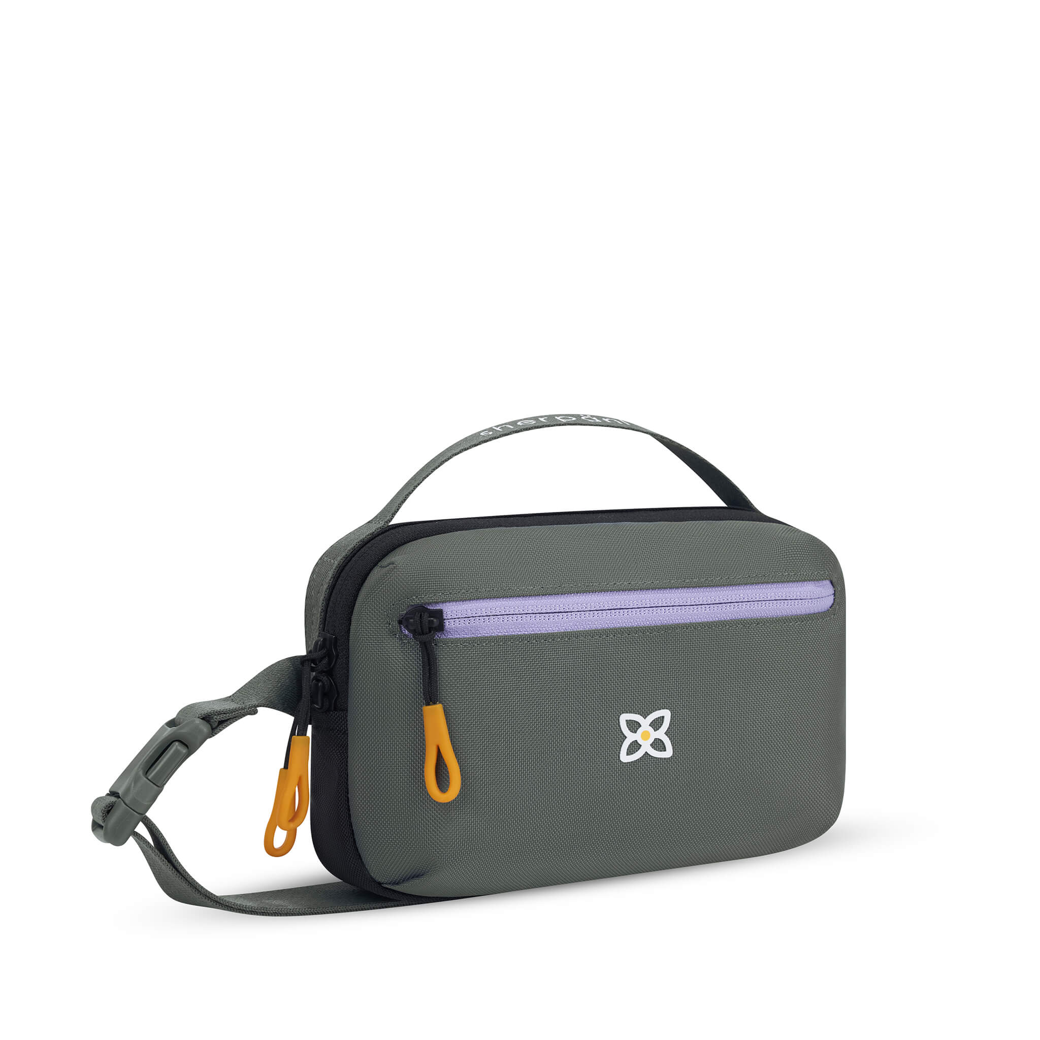 Angled front view of Sherpani hip pack, the Hyk in Juniper. Hyk features include an adjustable waist strap, two external zipper pockets, an internal zipper pocket and RFID-blocking technology to block cyber theft. The Juniper color is gray with yellow and purple accents. #color_juniper