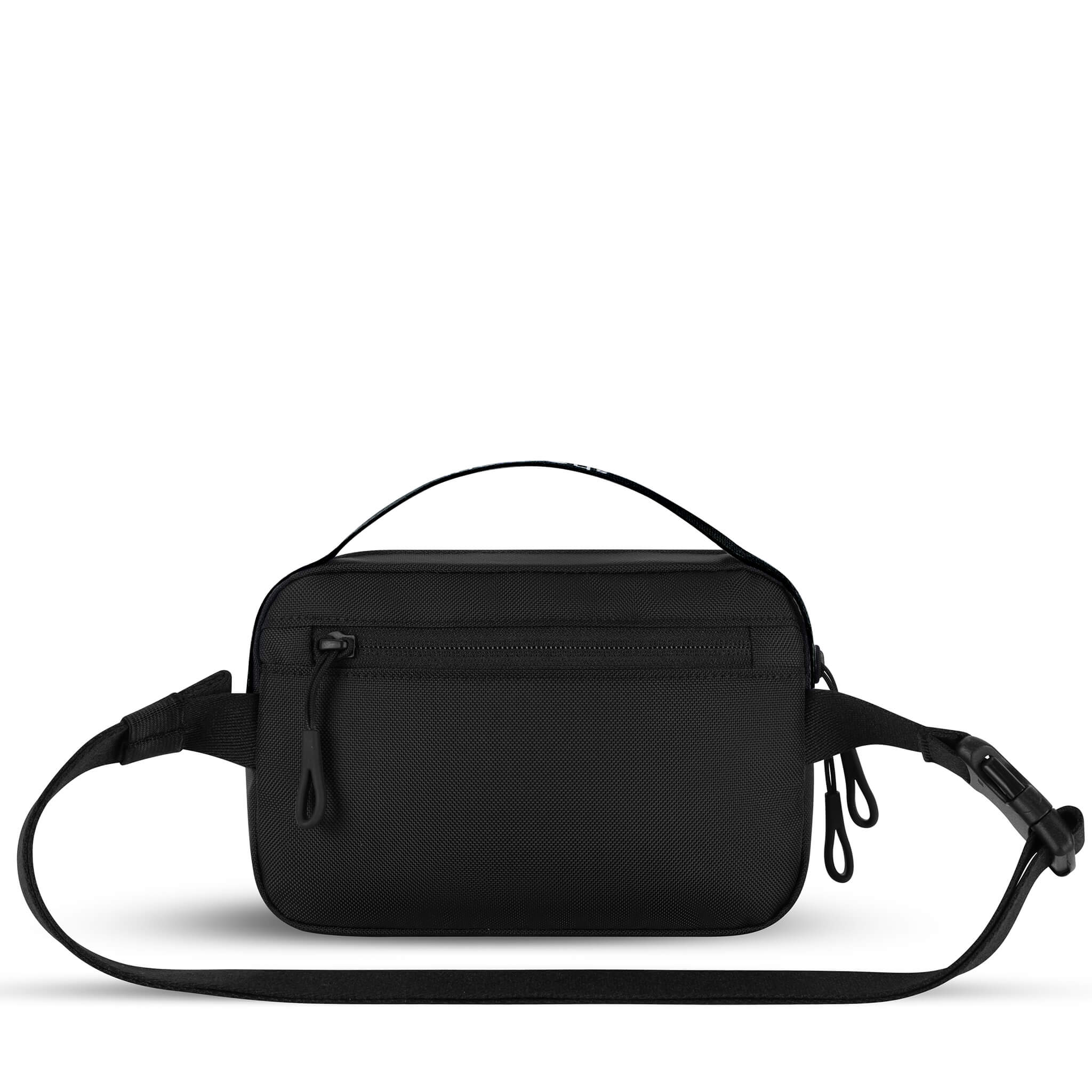 Back view of Sherpani's fanny pack, the Hyk in Raven. The back of the bag is black. Easy-pull zippers are accented in black. The fanny pack features an adjustable strap with a buckle. 