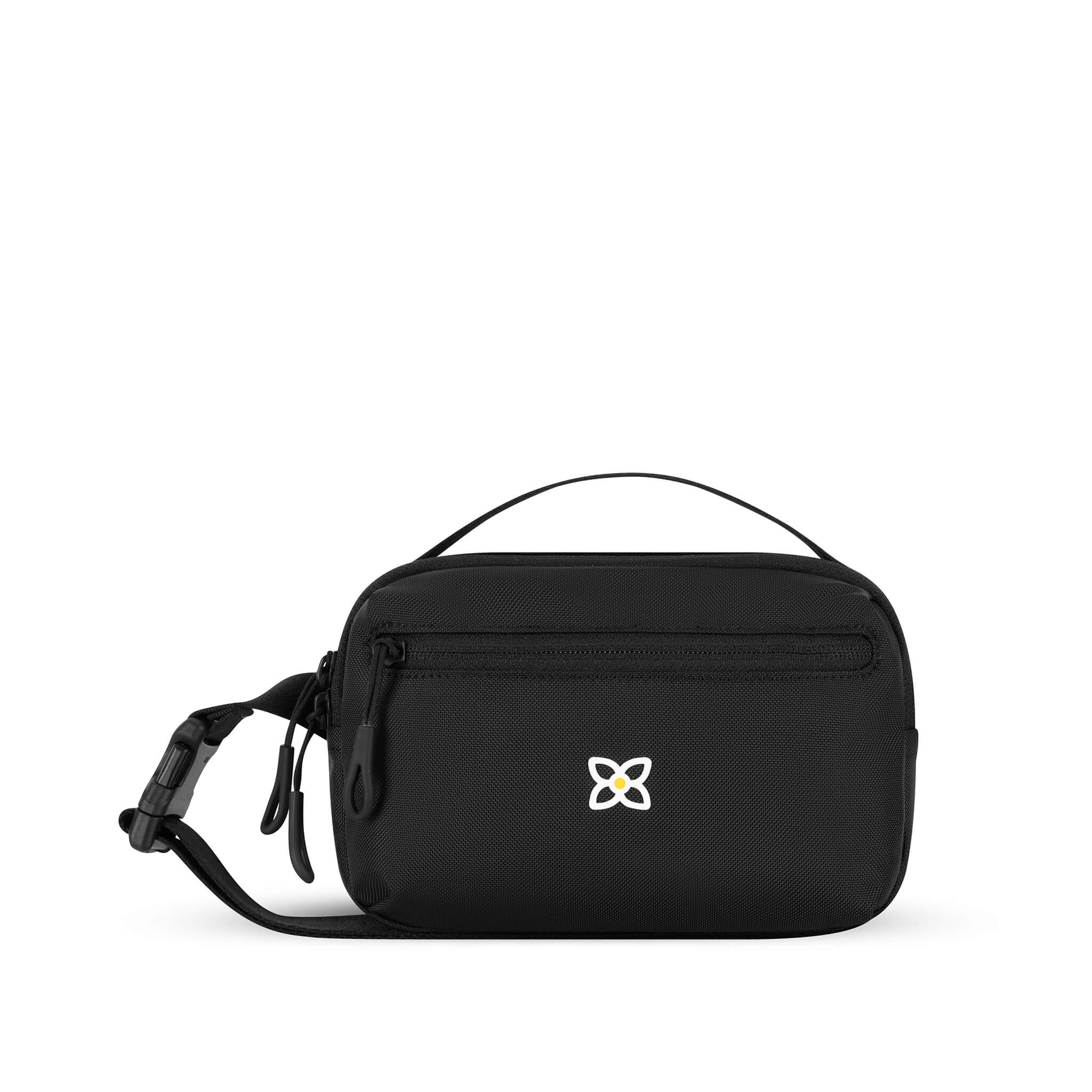 Flat front view of Sherpani’s fanny pack, the Hyk in Raven. The bag is entirely black. There is an external zipper pocket on the front of the bag. Easy-pull zippers are accented in black. The fanny pack features an adjustable strap with a buckle.