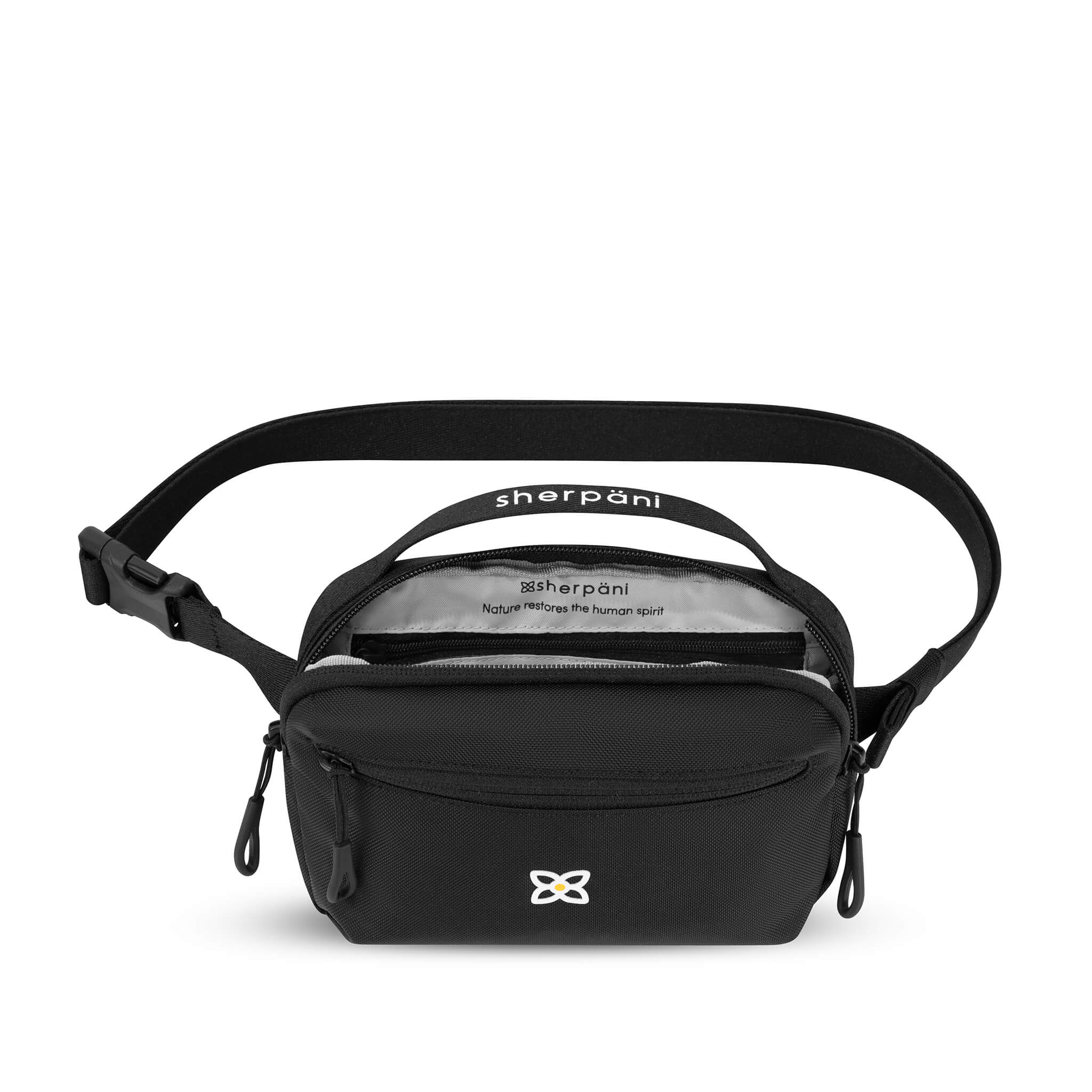 Top view of Sherpani&#39;s waist pack, the Hyk in Raven. The main bag compartment is open to reveal a light gray interior and inside zipper pocket.