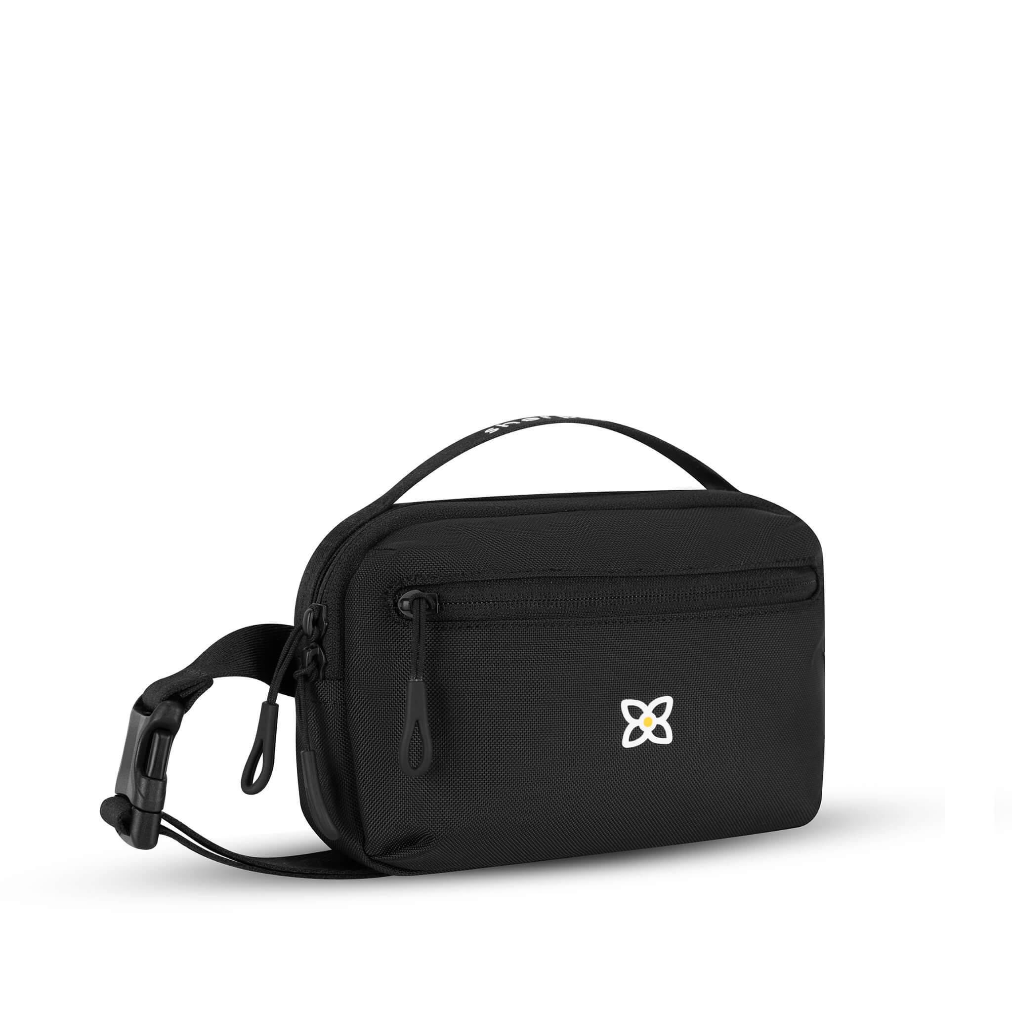 Angled front view of Sherpani’s fanny pack, the Hyk in Raven. The bag is entirely black. There is an external zipper pocket on the front of the bag. Easy-pull zippers are accented in black. The fanny pack features an adjustable strap with a buckle.