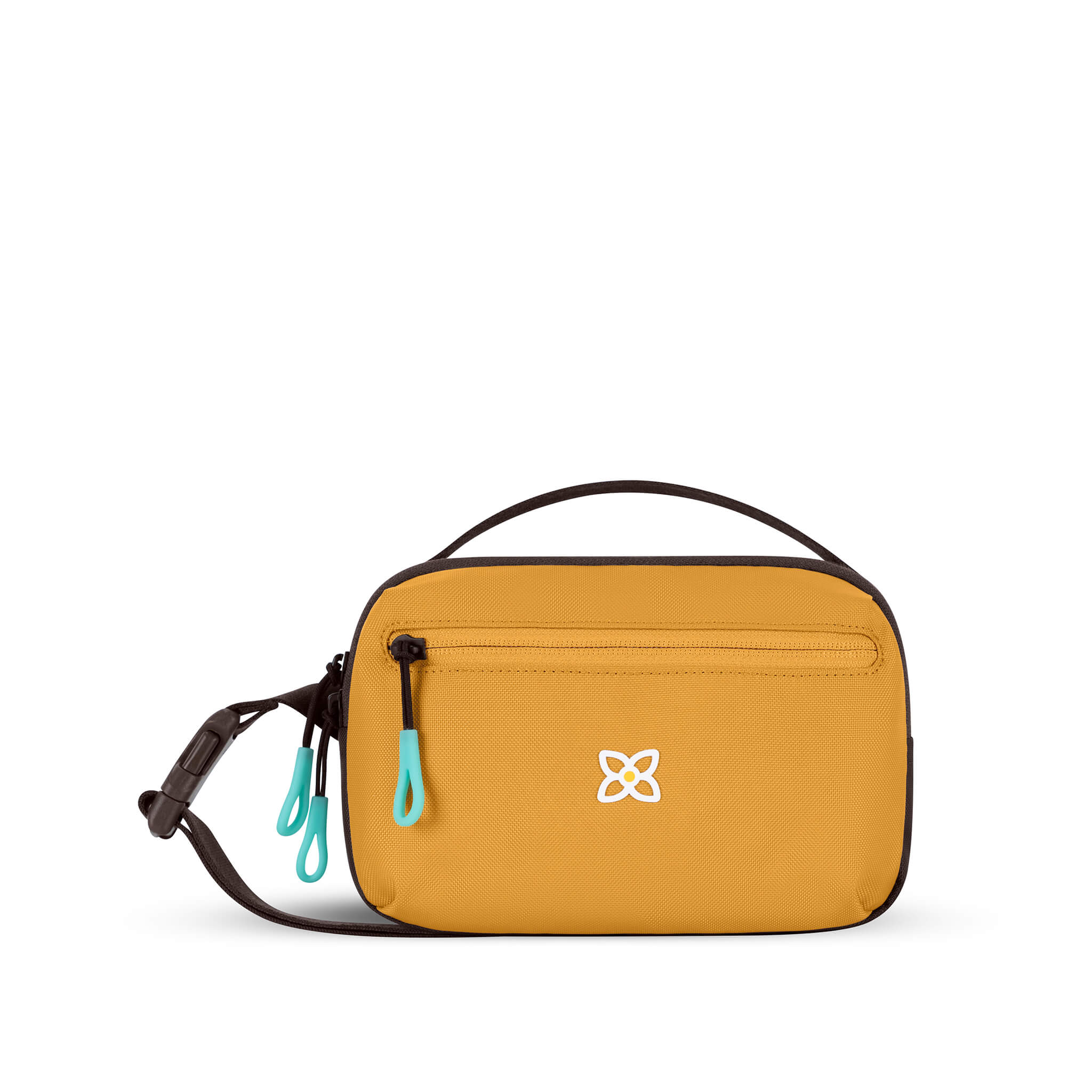 Flat front view of Sherpani hip pack, the Hyk in Sundial. Hyk features include an adjustable waist strap, two external zipper pockets, an internal zipper pocket and RFID-blocking technology to block cyber theft. The Sundial color is yellow with turquoise accents.