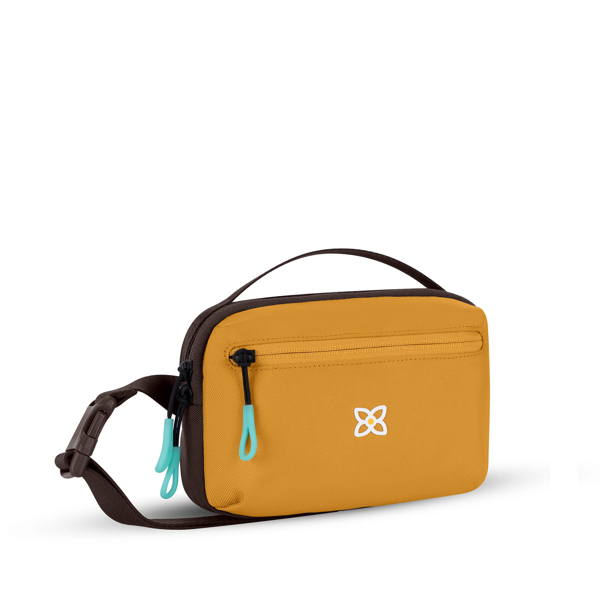 Angled front view of Sherpani hip pack, the Hyk in Sundial. Hyk features include an adjustable waist strap, two external zipper pockets, an internal zipper pocket and RFID-blocking technology to block cyber theft. The Sundial color is yellow with turquoise accents.