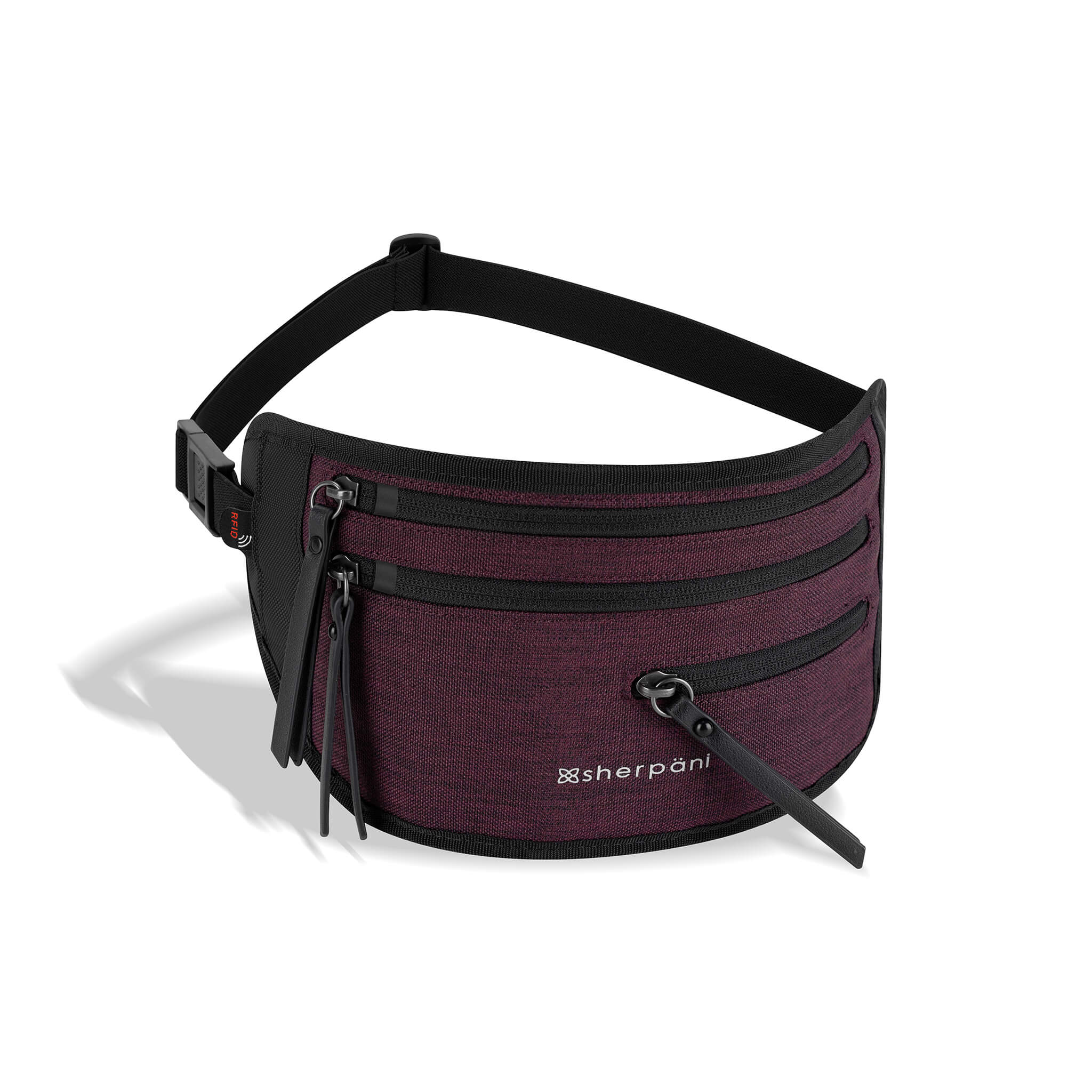 Angled front view of the Jett in Merlot. This convenient travel belt has lockable zippers and RFID protection, it makes the perfect hiding spot for your passport and other travel essentials. 