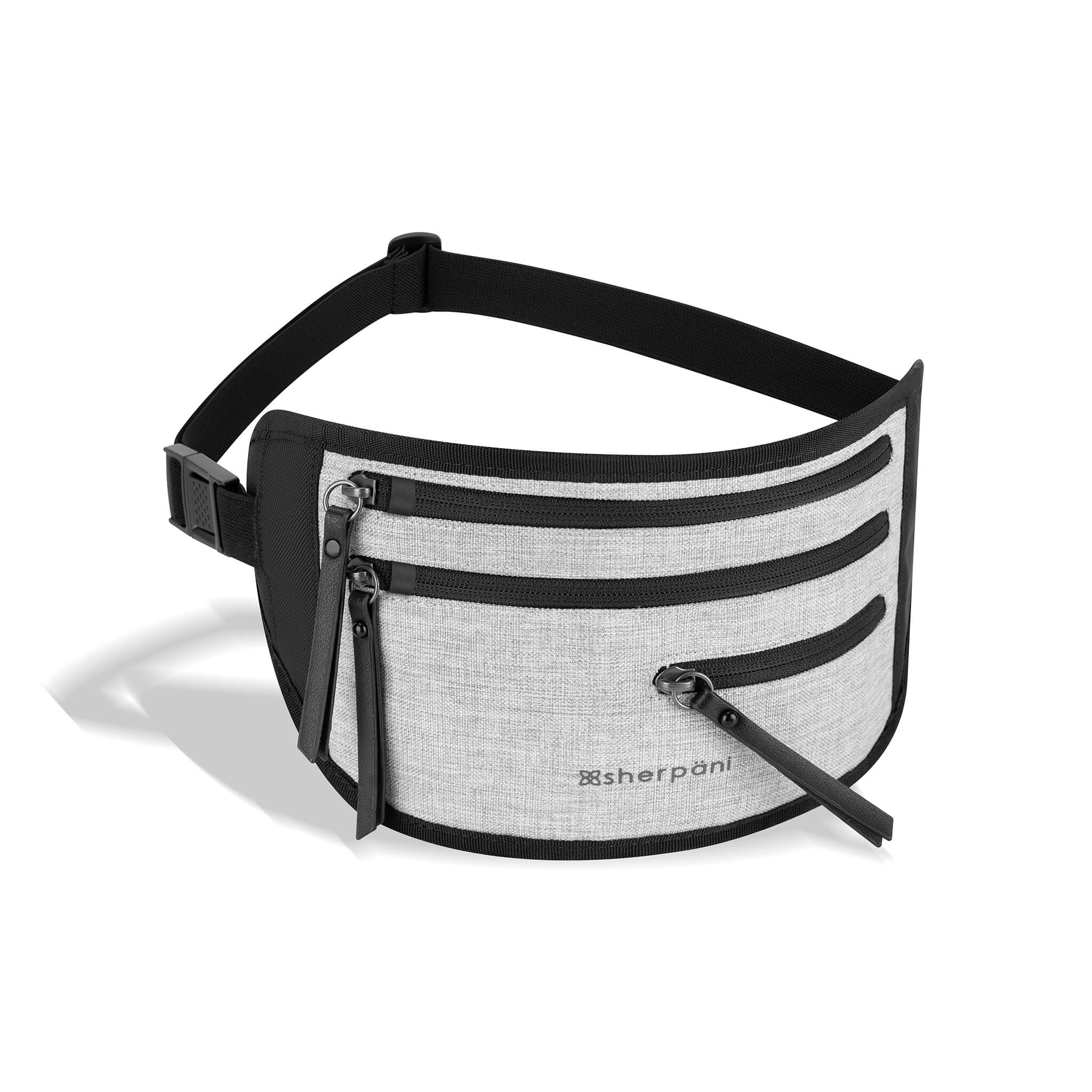 Angled front view of the Jett in Sterling. This convenient travel belt has lockable zippers and RFID protection, it makes the perfect hiding spot for your passport and other travel essentials. #color_sterling
