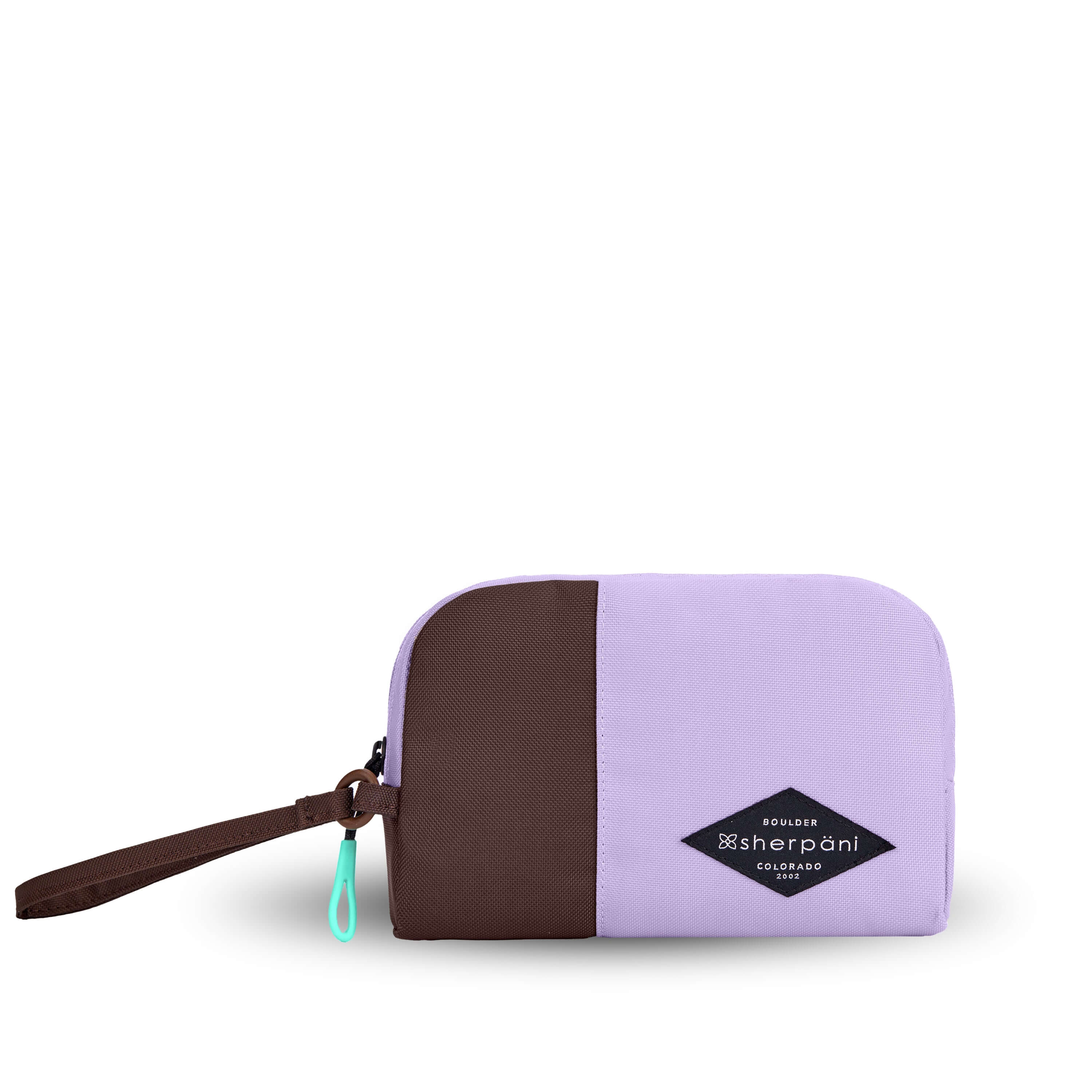 Flat front view of Sherpani travel accessory, the Jolie in Lavender, in small size. The pouch is two-toned in lavender and brown. It features a brown wristlet strap and an easy-pull zipper accented in aqua.