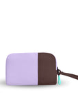 Back view of Sherpani travel accessory, the Jolie in Lavender, in small size. The pouch is two-toned in lavender and brown. It features a brown wristlet strap and an easy-pull zipper accented in aqua.