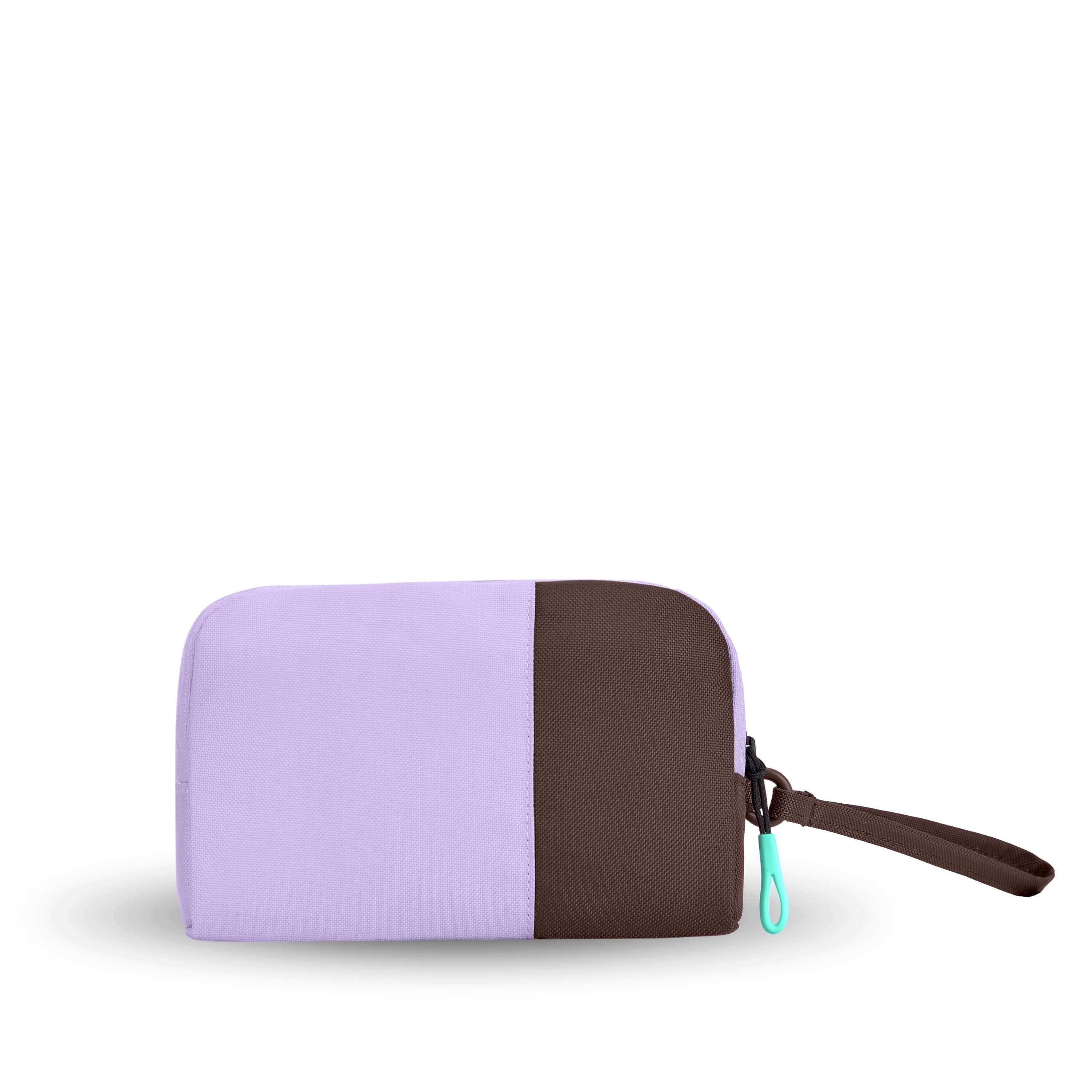 Back view of Sherpani travel accessory, the Jolie in Lavender, in medium size. The pouch is two-toned in lavender and brown. It features a brown wristlet strap and an easy-pull zipper accented in aqua.
