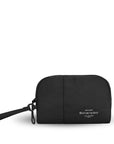 Flat front view of Sherpani travel accessory, the Jolie in Raven, in medium size. The pouch is entirely black. It features a black wristlet strap and an easy-pull zipper accented in black.