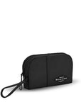 Angled front view of Sherpani travel accessory, the Jolie in Raven, in medium size. The pouch is entirely black. It features a black wristlet strap and an easy-pull zipper accented in black.