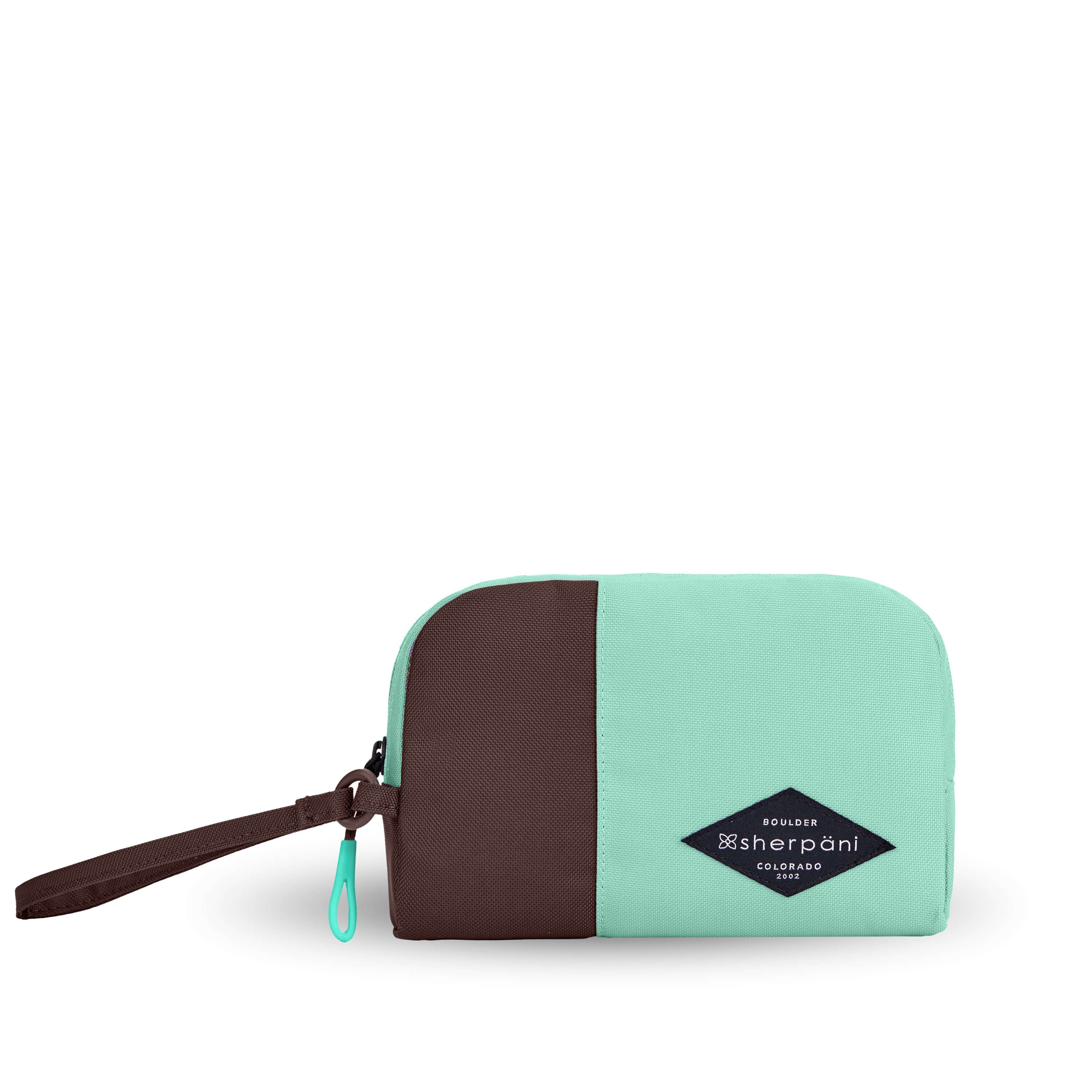 Flat front view of Sherpani travel accessory, the Jolie in Seagreen, in medium size. The pouch is two-toned in light green and brown. It features a brown wristlet strap and an easy-pull zipper accented in light green.