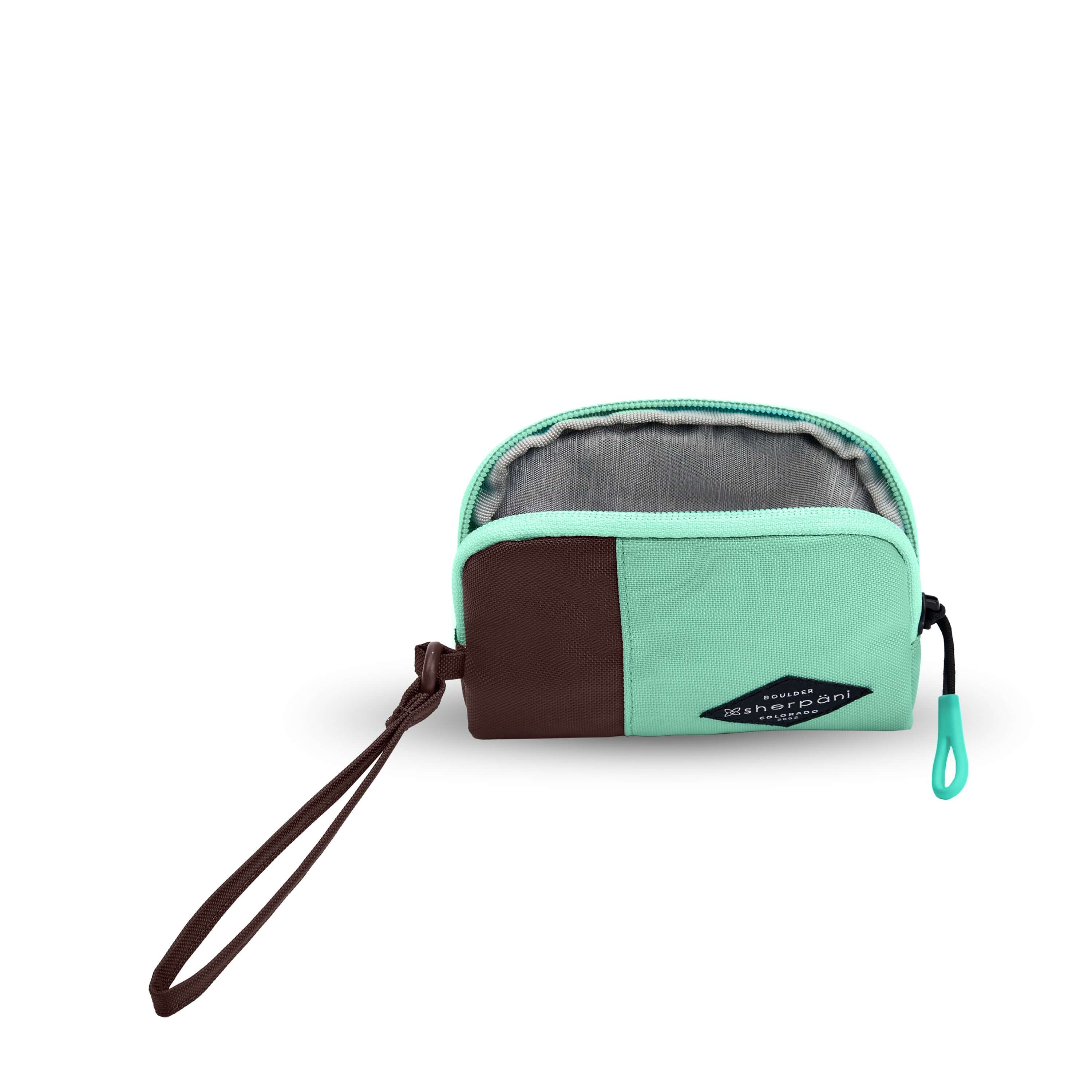 Top view of Sherpani travel accessory the Jolie in Seagreen, in small size. The pouch is unzipped to reveal a light gray interior.