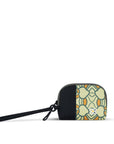 Flat front view of Sherpani wristlet purse, the Jolie in Fiori. The small travel pouch is made from recycled materials, is RFID protected, has a wristlet strap and has a minimalist style to travel light on the days when less is more. The Fiori colorway is two-toned in black and a floral pattern.