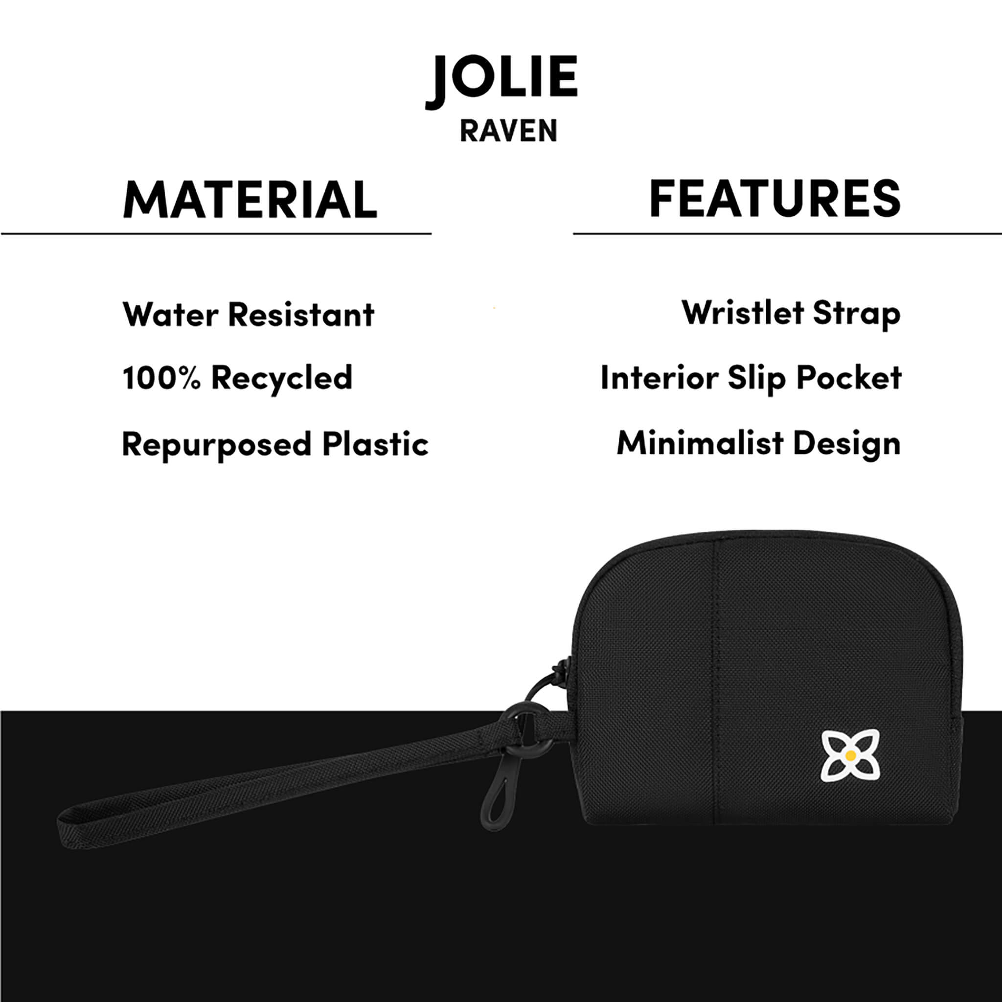 Graphic showing the special features of Sherpani travel wristlet, the Jolie: water-resistant material, sustainably made from repurposed plastic bottles, stadium approved bag and wristlet strap. 