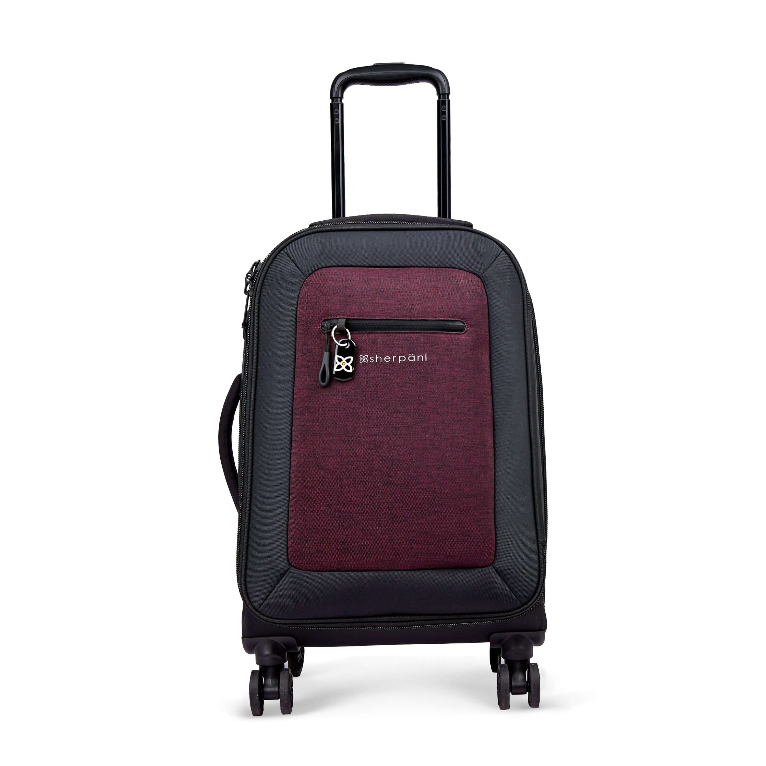 Flat front view of Sherpani’s Anti-Theft luggage the Latitude in Merlot. The suitcase has a soft shell exterior made from recycled plastic bottles and features vegan leather accents in black. There is a main zipper compartment, an expansion zipper and an external pocket on the front with a locking zipper and a ReturnMe tag. On the top of the suitcase sits a retractable luggage handle. On the side sits an easy-access handle. At the bottom are four 360-degree spinner wheels for smooth rolling.
