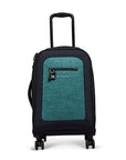 Flat front view of Sherpani’s Anti-Theft luggage the Latitude in Teal. The suitcase has a soft shell exterior made from recycled plastic bottles and features vegan leather accents in black. There is a main zipper compartment, an expansion zipper and an external pocket on the front with a locking zipper and a ReturnMe tag. On the top of the suitcase sits a retractable luggage handle. On the side sits an easy-access handle. At the bottom are four 360-degree spinner wheels for smooth rolling.