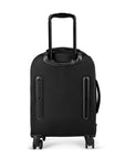 Flat view of the back of Sherpani’s Anti-Theft luggage, the Latitude. The back of the suitcase is black and has vegan leather accents in black. On the top of the suitcase sits a retractable luggage handle. On the side sits an easy-access handle. At the bottom are four 360-degree spinner wheels for smooth rolling.