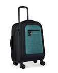 Angled front view of Sherpani’s Anti-Theft luggage the Latitude in Teal. The suitcase has a soft shell exterior made from recycled plastic bottles and features vegan leather accents in black. There is a main zipper compartment, an expansion zipper and an external pocket on the front with a locking zipper and a ReturnMe tag. On the top of the suitcase sits a retractable luggage handle. On the side sits an easy-access handle. At the bottom are four 360-degree spinner wheels for smooth rolling.