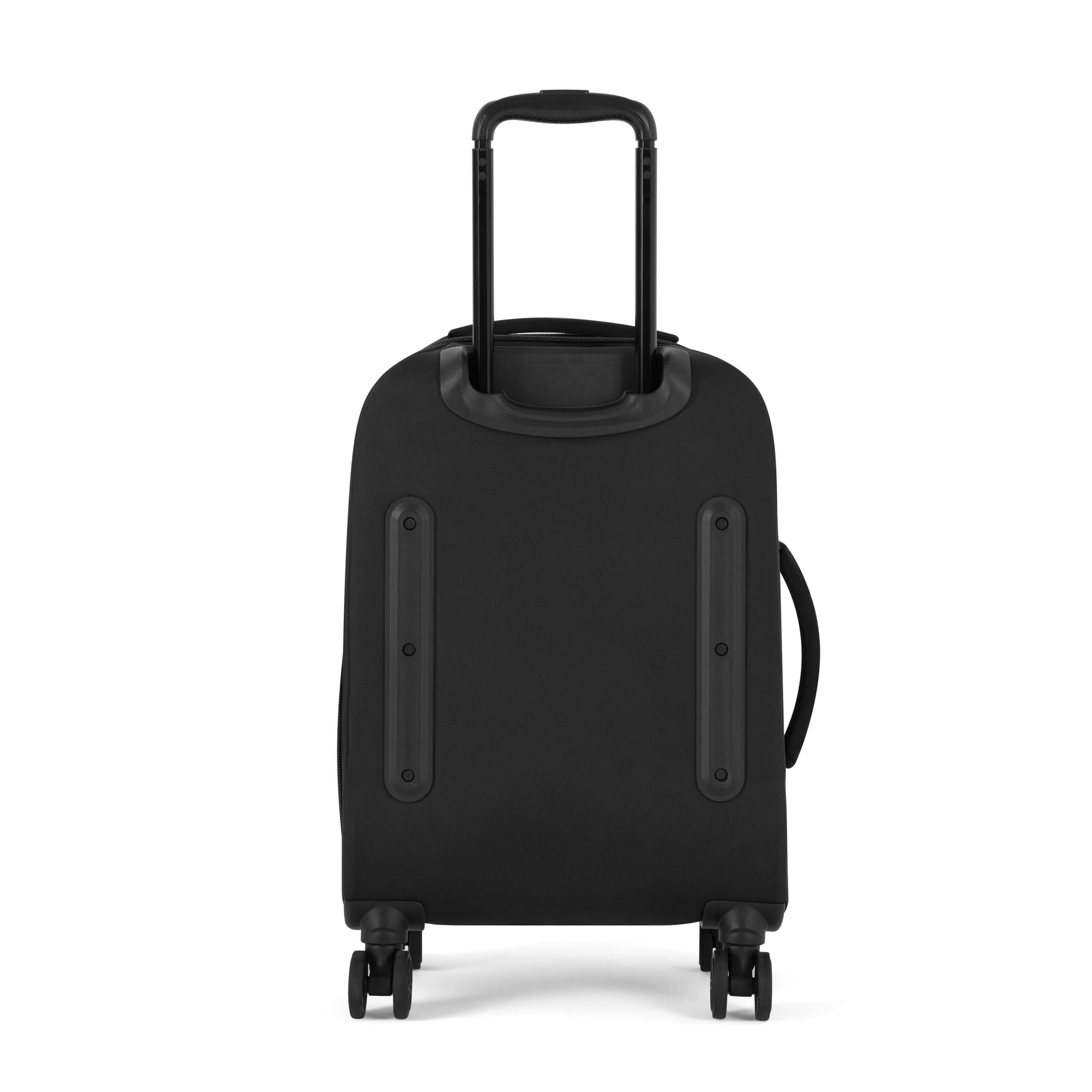 Flat view of the back of Sherpani’s Anti-Theft luggage, the Latitude. The back of the suitcase is black and has vegan leather accents in black. On the top of the suitcase sits a retractable luggage handle. On the side sits an easy-access handle. At the bottom are four 360-degree spinner wheels for smooth rolling. 