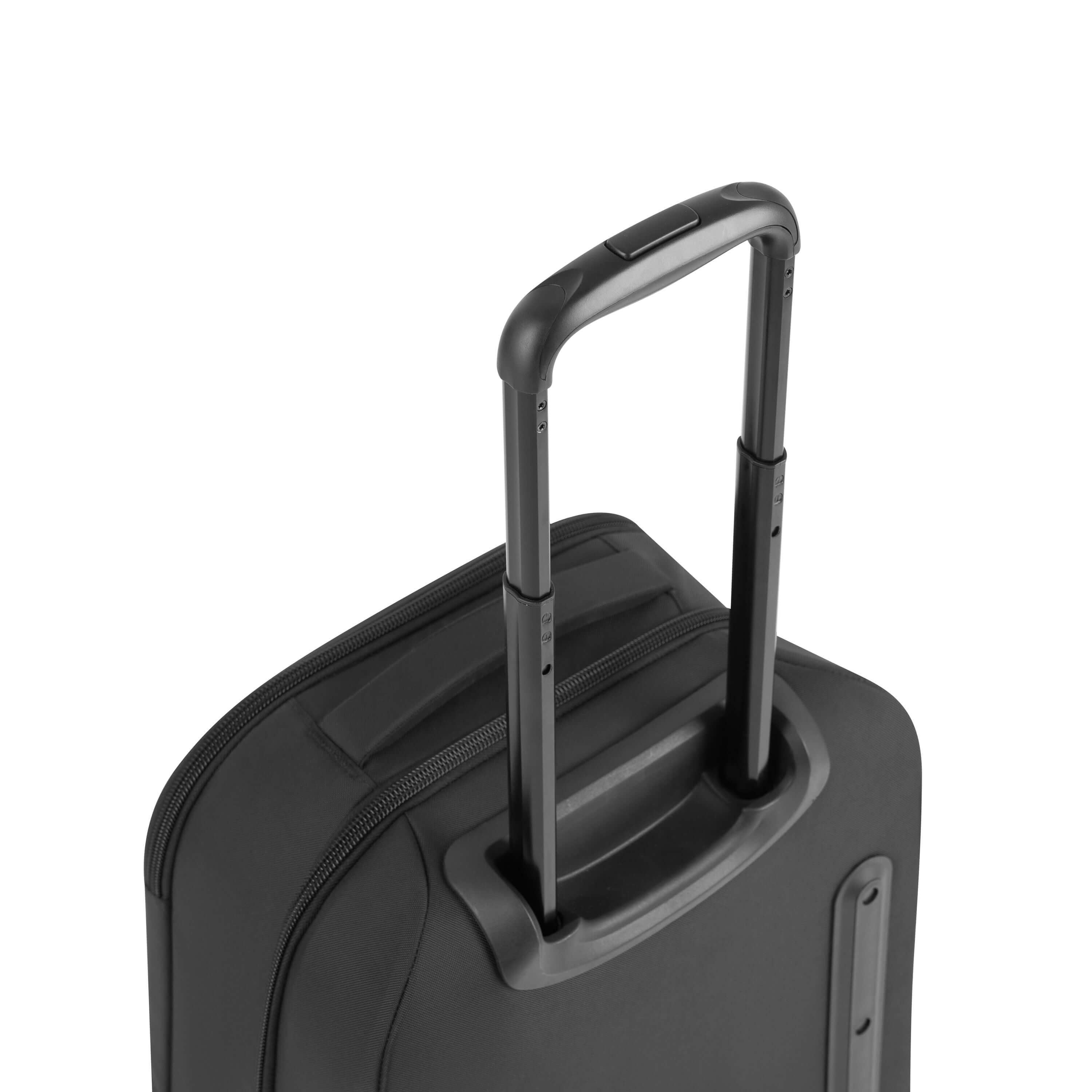 Close up view of retractable luggage handle on Sherpani's Anti-Theft suitcase the Latitude in Sterling. 