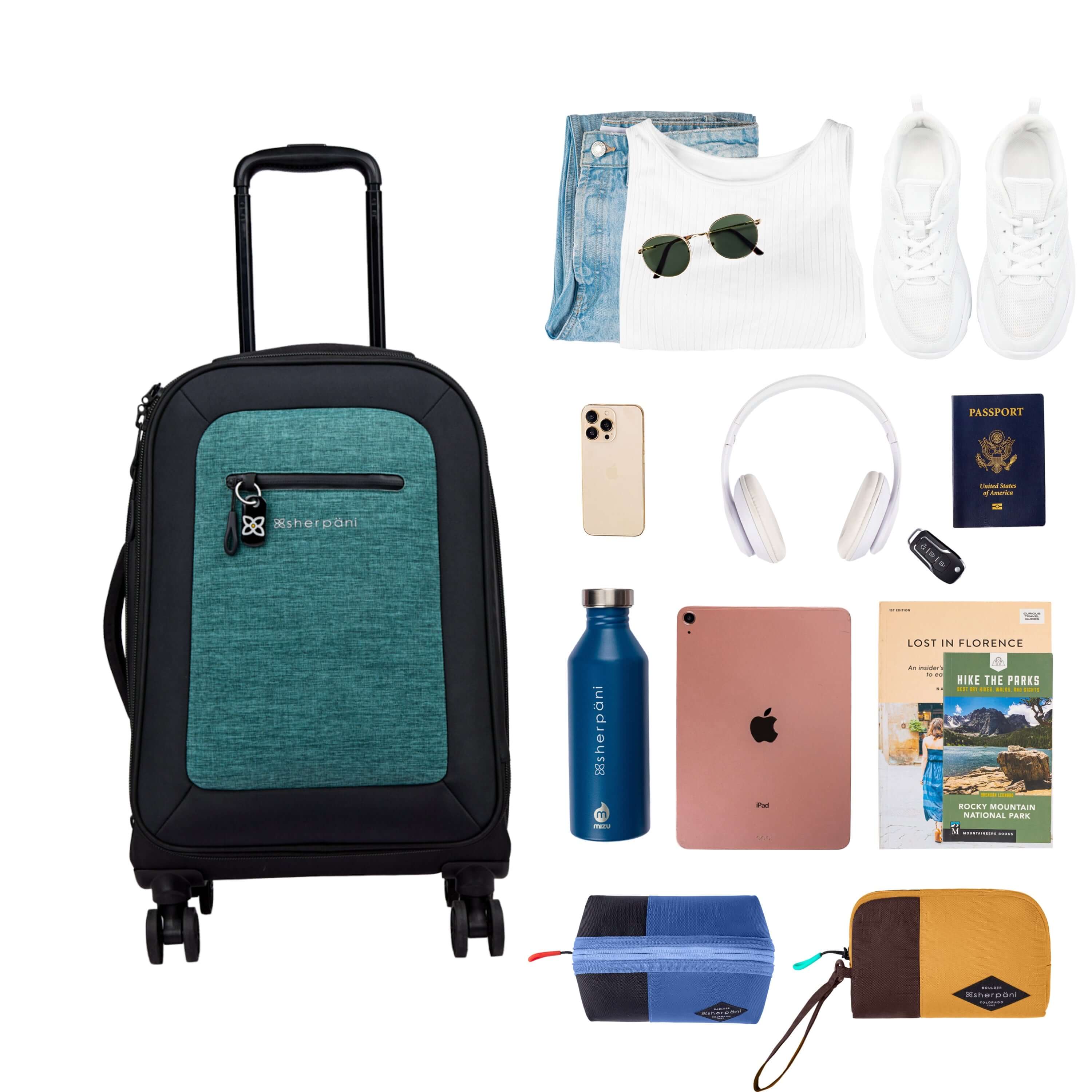 Top view of example items to fill the suitcase. On the left lies Sherpani’s Anti-Theft luggage, the Latitude in Teal. On the right lies an assortment of items: change of clothes, sunglasses, sneakers, phone, headphones, car key, passport, water bottle, tablet, travel books and Sherpani travel accessories the Harmony in Pacific Blue and the Jolie in Sundial. 