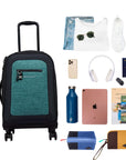 Top view of example items to fill the suitcase. On the left lies Sherpani’s Anti-Theft luggage, the Latitude in Teal. On the right lies an assortment of items: change of clothes, sunglasses, sneakers, phone, headphones, car key, passport, water bottle, tablet, travel books and Sherpani travel accessories the Harmony in Pacific Blue and the Jolie in Sundial.
