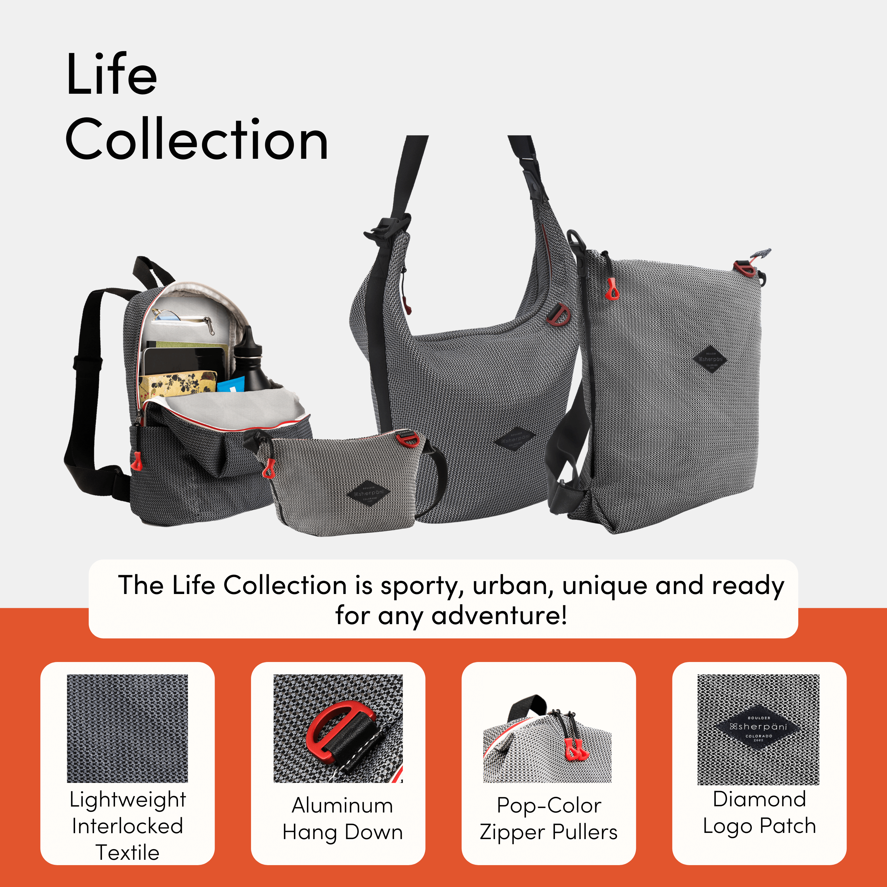 Photo showing the four mesh bags in Sherpani&#39;s Life Collection. The Adaline, the Demi, the Payton and the Delanie. Black text reads &quot;The Life Collection is sporty, urban, unique and ready for any adventure!&quot; Underneath, photos accompanied by black text showcase the following features: Lightweight Interlocked Textile, Aluminum Hang Down, Pop-Color Zipper Pullers, Diamond Logo Patch.
