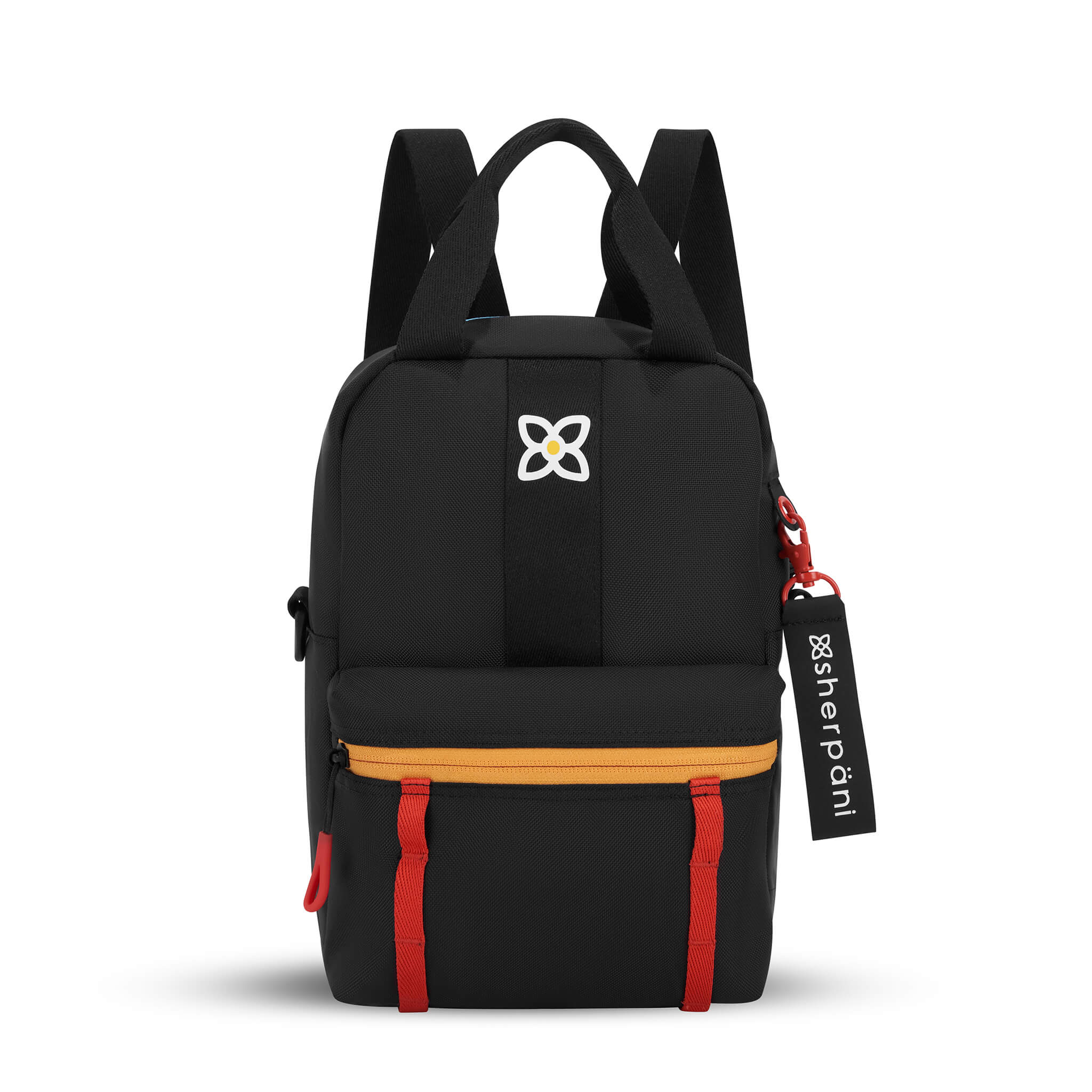 Flat front view of Sherpani mini backpack the Logan in Chromatic. The bag is black with blue, yellow and red accents. The Logan has fixed tote handles and adjustable backpack straps. 