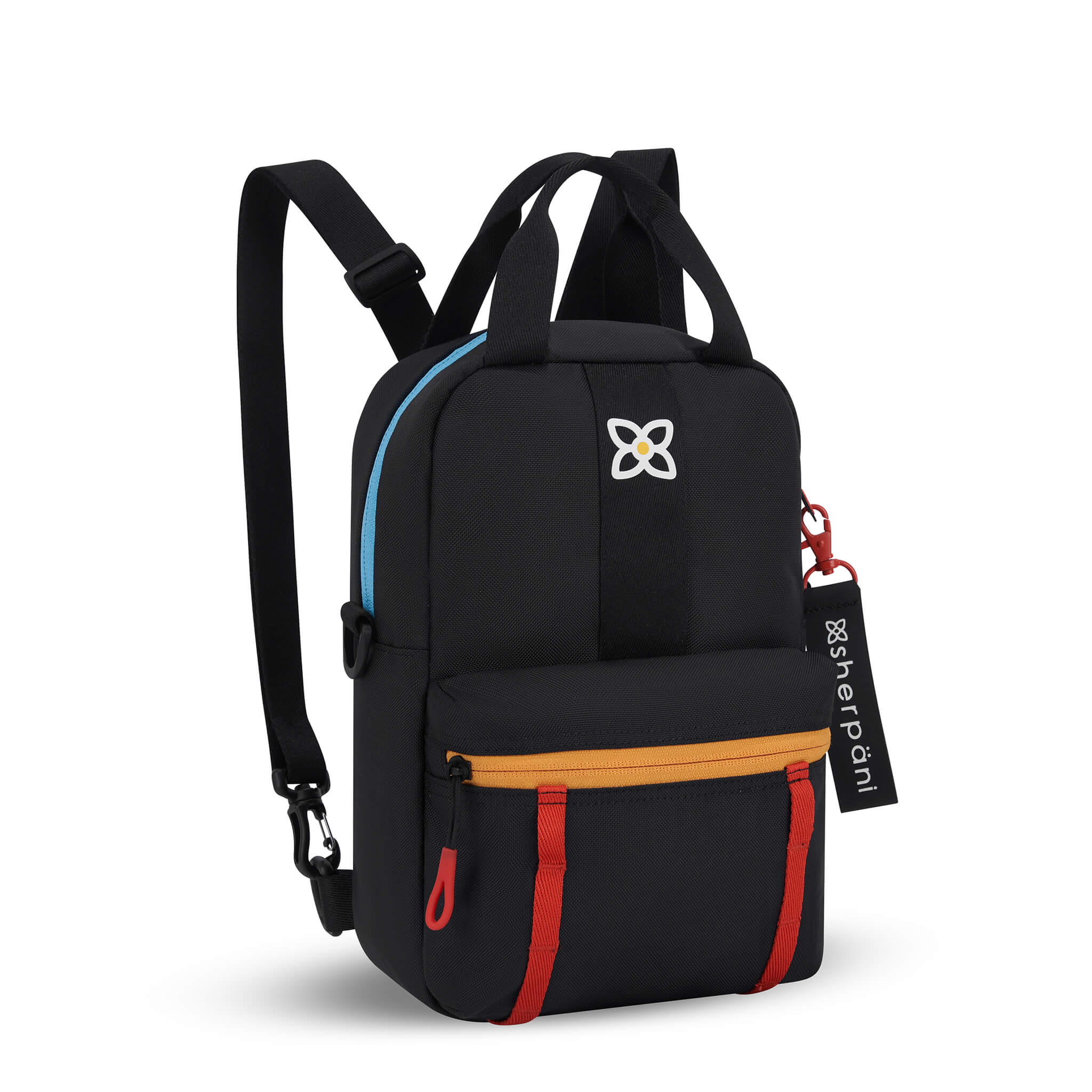 Angled front view of Sherpani mini backpack the Logan in Chromatic. The bag is black with blue, yellow and red accents. The Logan has fixed tote handles and adjustable backpack straps.