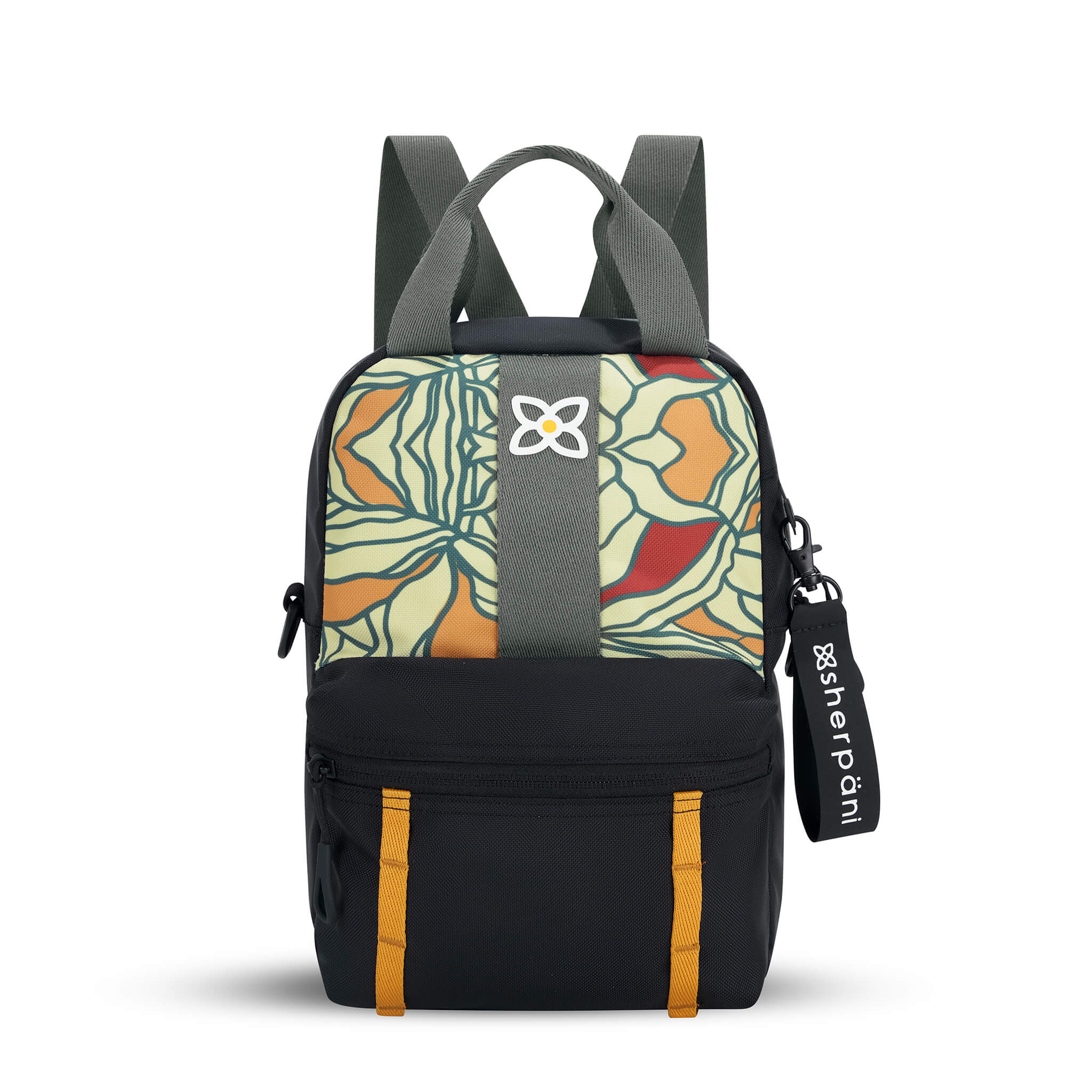 Flat front view of Sherpani mini backpack the Logan in Fiori. The bag is black and gray with an accented daisy chain in yellow. The front panel features a multi-colored floral pattern. The Logan has fixed tote handles and adjustable backpack straps. 
