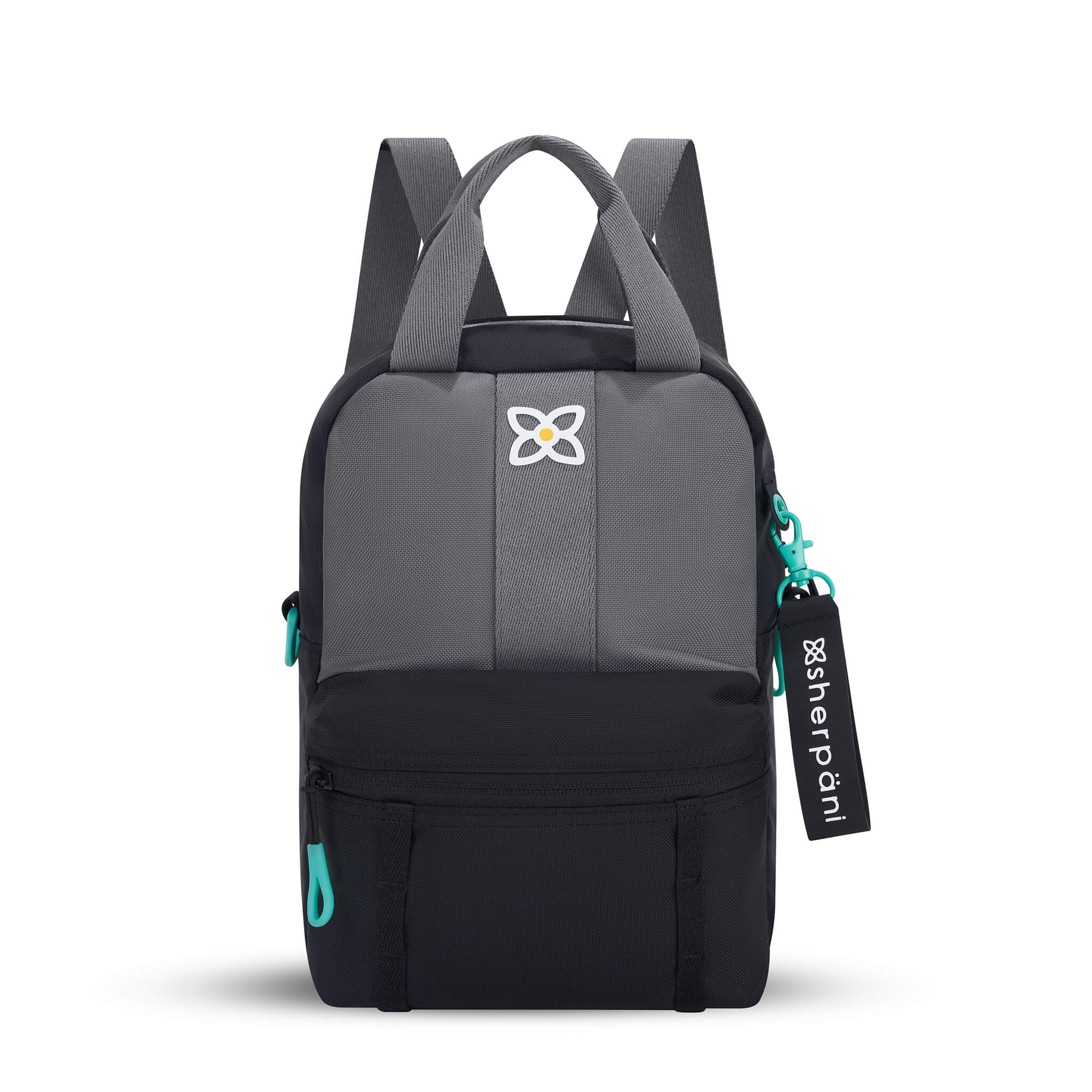 Flat front view of Sherpani mini backpack the Logan in Moonstone. The bag is black and gray with aqua accents. The Logan has fixed tote handles and adjustable backpack straps. 