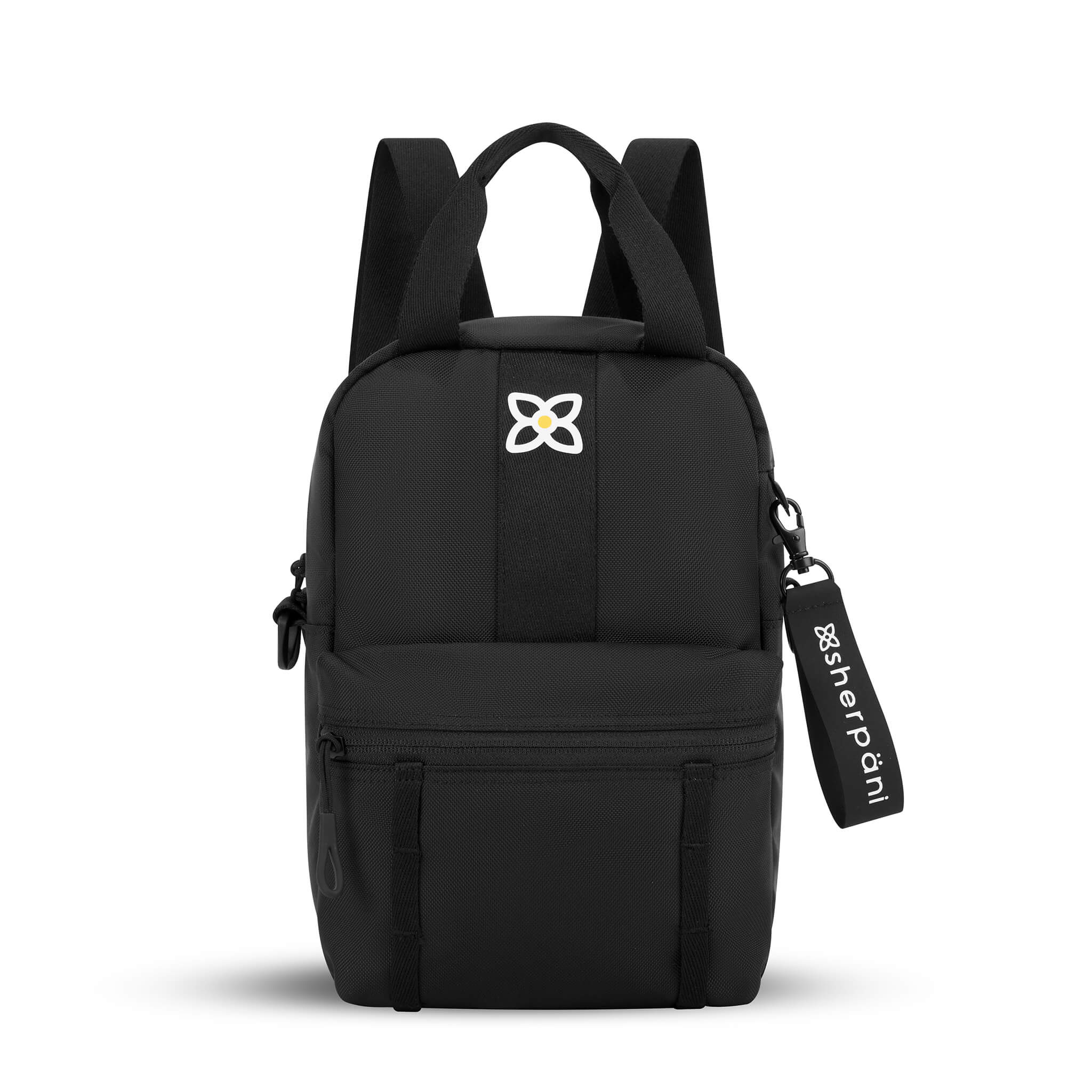 Flat front view of Sherpani mini backpack the Logan in Raven. The bag is black in color. The Logan has fixed tote handles and adjustable backpack straps. 