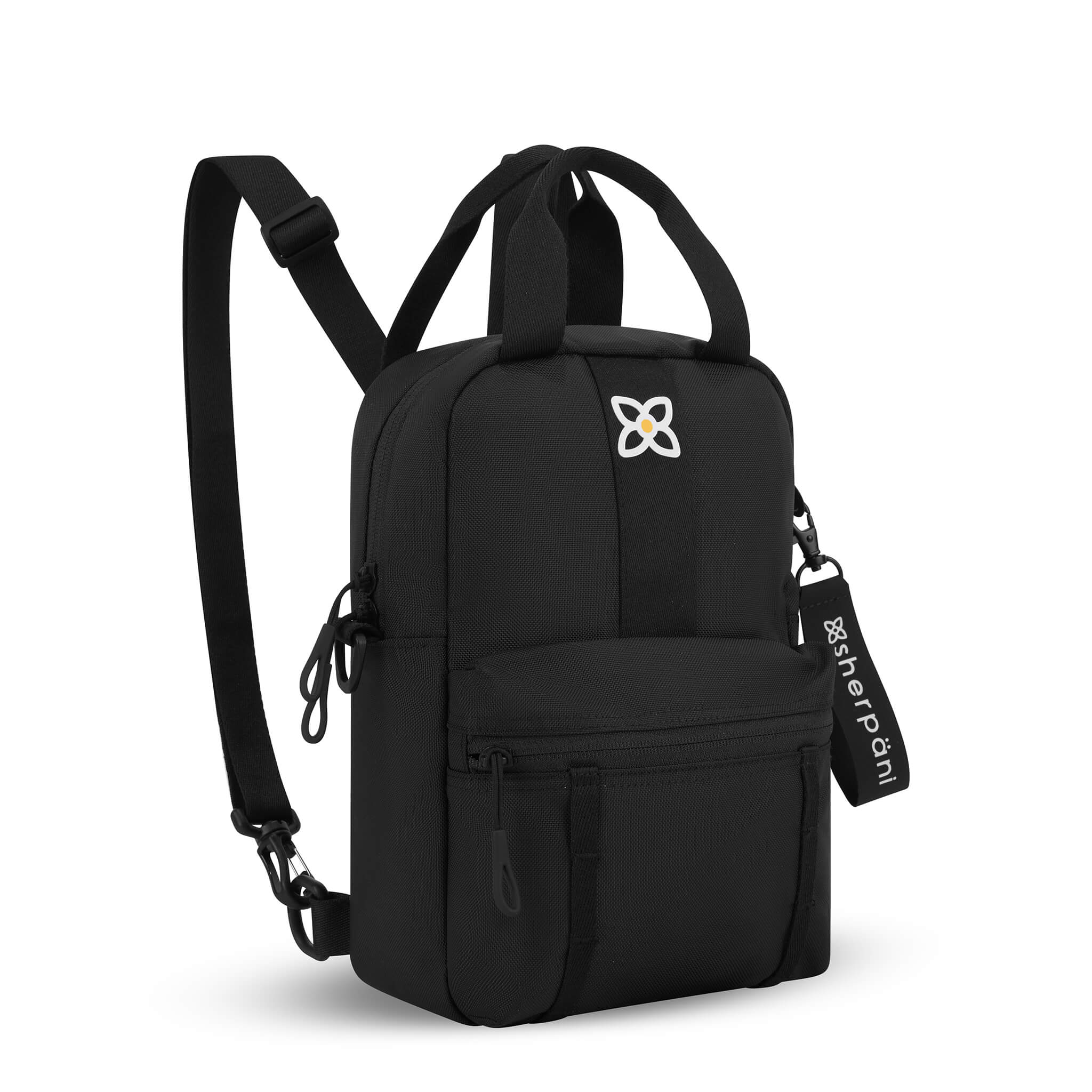 Angled front view of Sherpani mini backpack the Logan in Raven. The bag is black in color. The Logan has fixed tote handles and adjustable backpack straps.