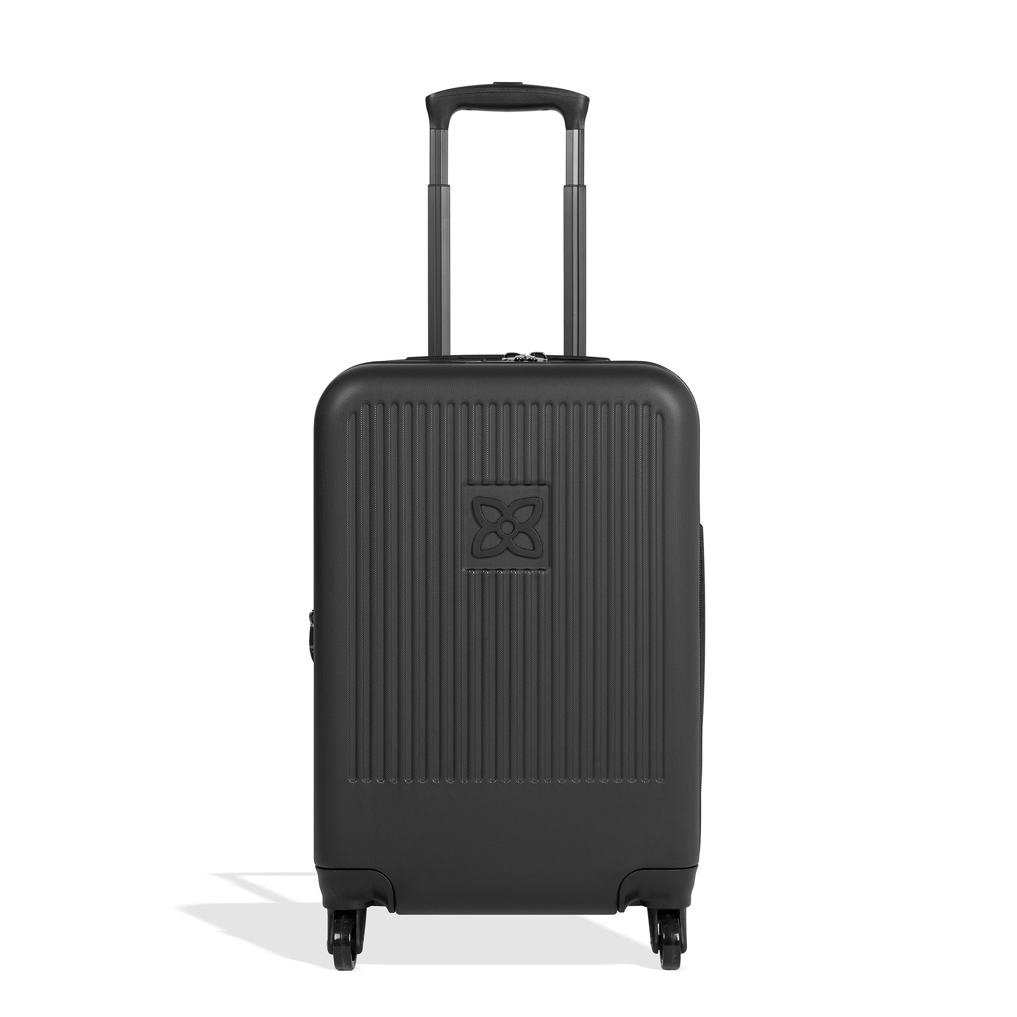 Flat front view of Sherpani hard-shell carry-on luggage, the Meridian in Black. Meridian features include a retractable luggage handle, uncrushable exterior, TSA-approved locking zippers and four 36-degree spinner wheels. 